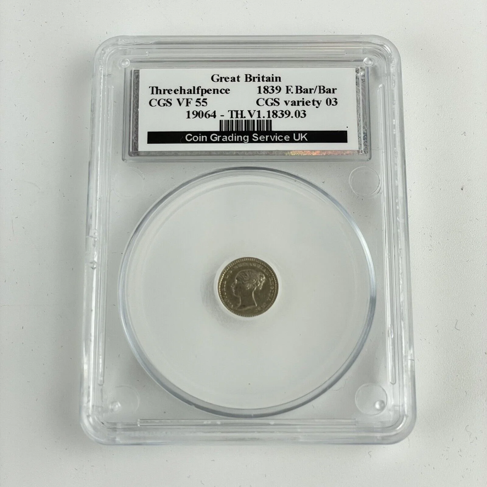 Great Britain Threehalfpence 1 1/2 1839 F.Bar / Bar VF 55 CGS Coin Silver Wheeler Antiques.