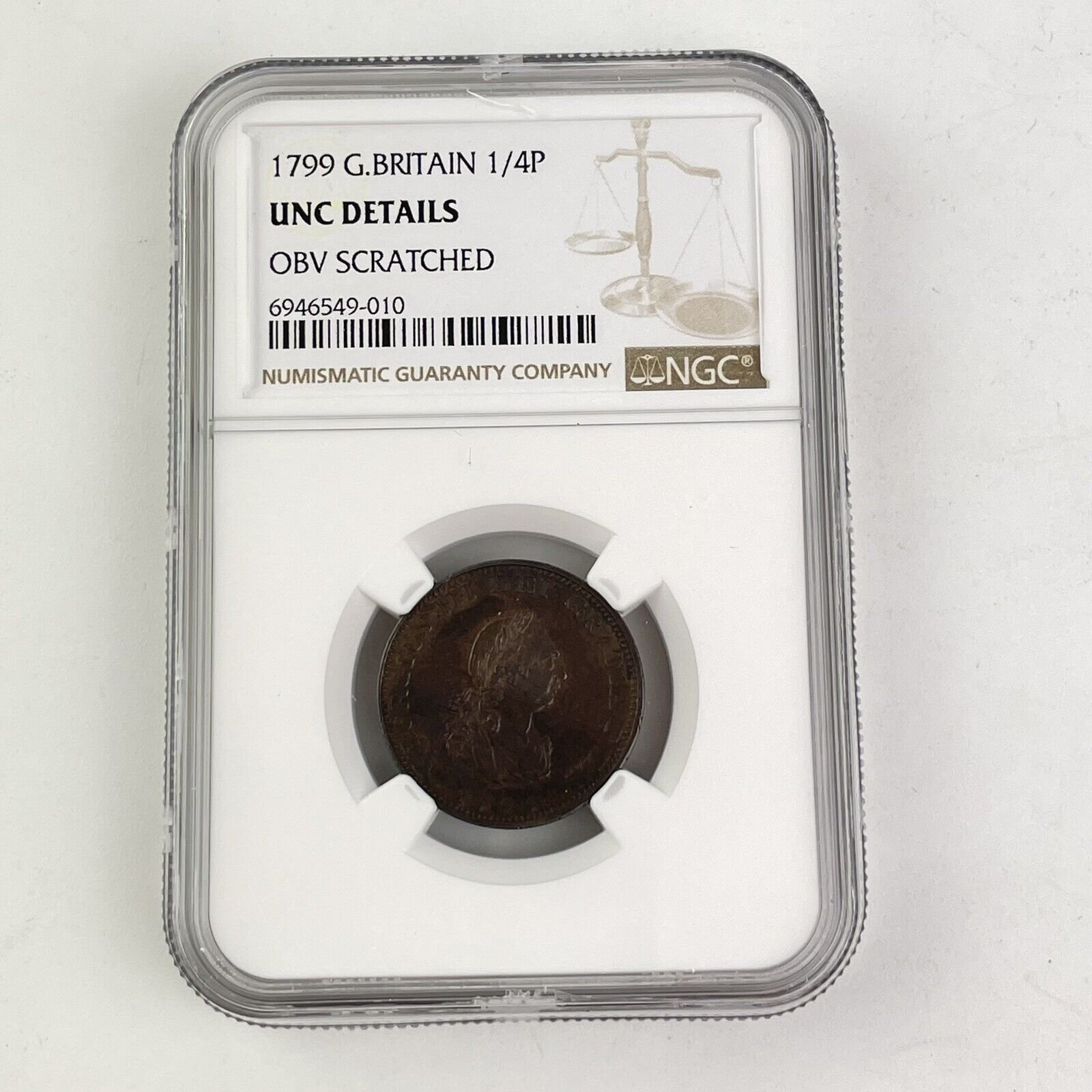 NGC Graded 1799 Great Britain Farthing 1/4p Uncirculated Unc Details Obv Scratch