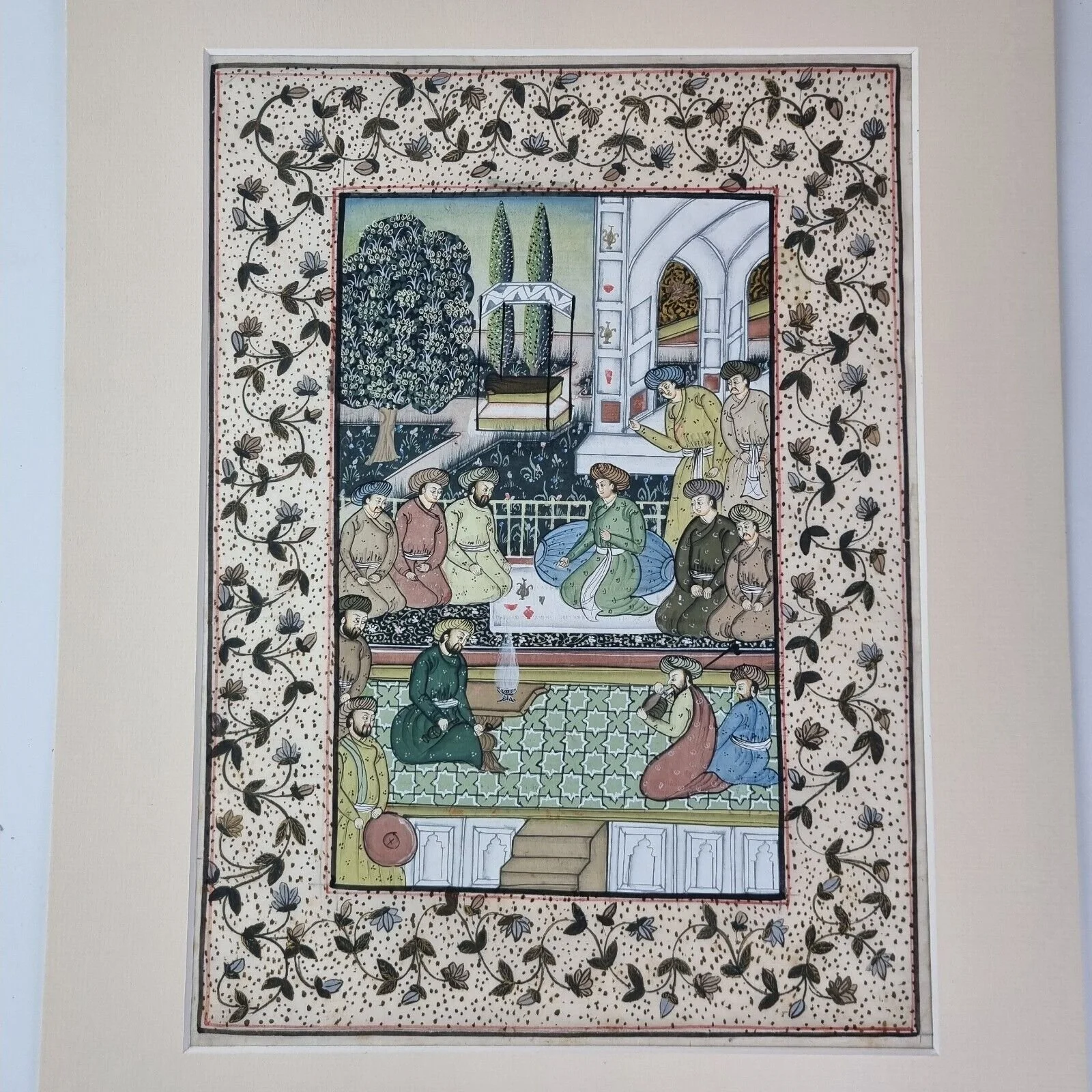 20th Century Indian Persian Gouache Painting On Fabric Men Playing Games
