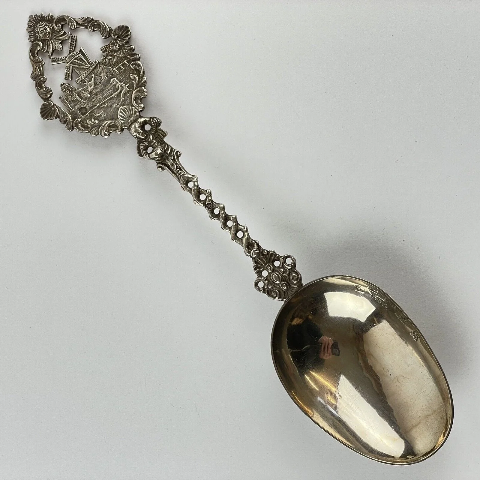 Antique 19th Century Dutch Solid Silver Serving Spoon Windmill Topped 22.2cm 64g