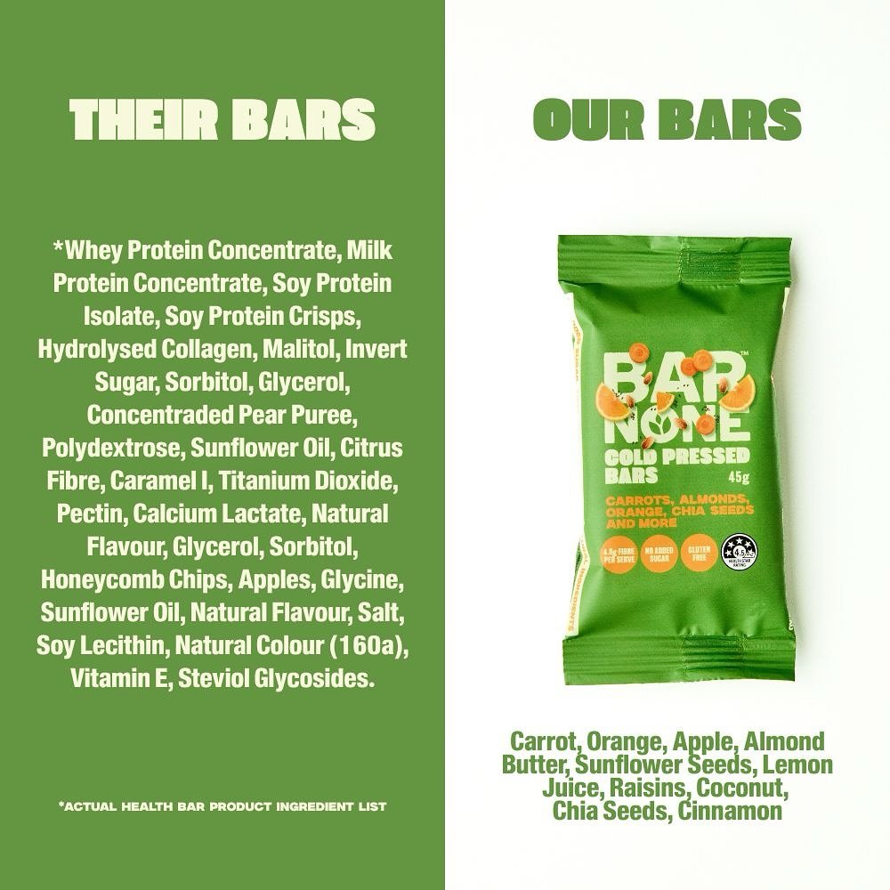 Ever read the back of a snack bar and thought&hellip; what even is all that??

We&rsquo;re keeping it real over here. Like, actually real.

Carrot. Orange. Apple. Almond Butter. Sunflower Seeds. Lemon Juice. Raisins. Coconut. Chia seeds. Cinnamon. Th