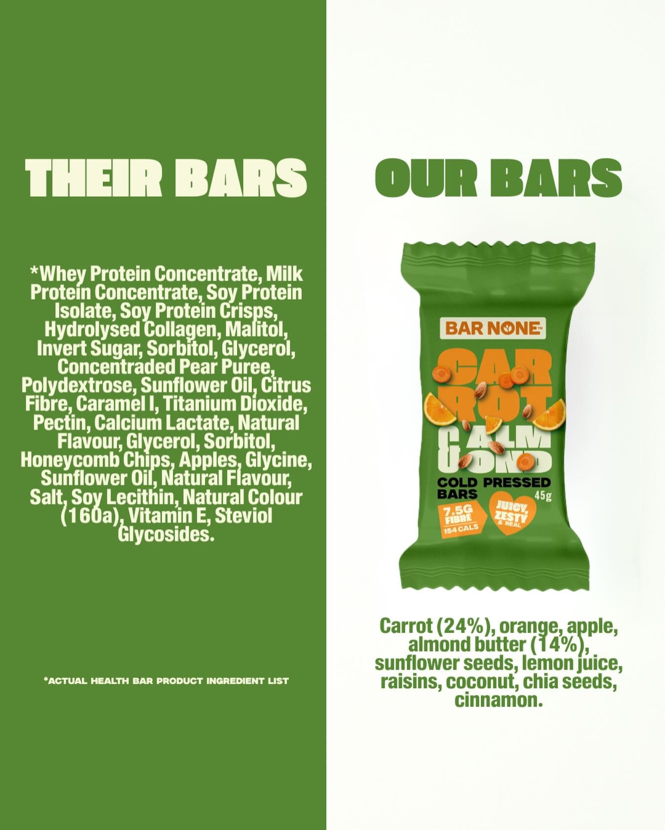 Turn us over. Our ingredient list reads like a grocery list, not a periodic table. 

#barnone #snackbetter #cleansnacks #freshsnacks #onthegosnacks