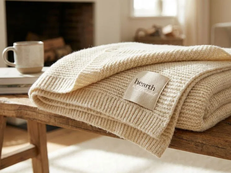 Cozy blanket with Hearth & Thread logo on the tag