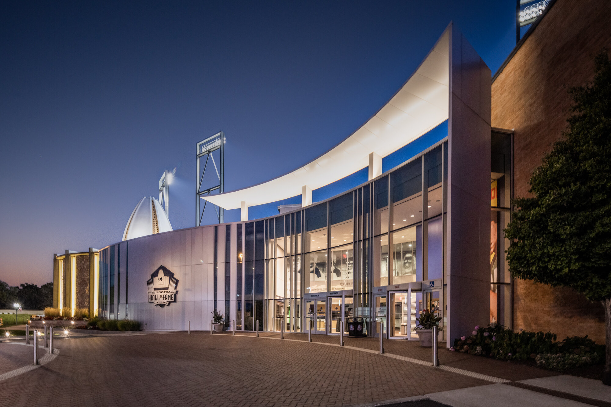 football hall of fame entrance twilight architecture photographer akron ohio 