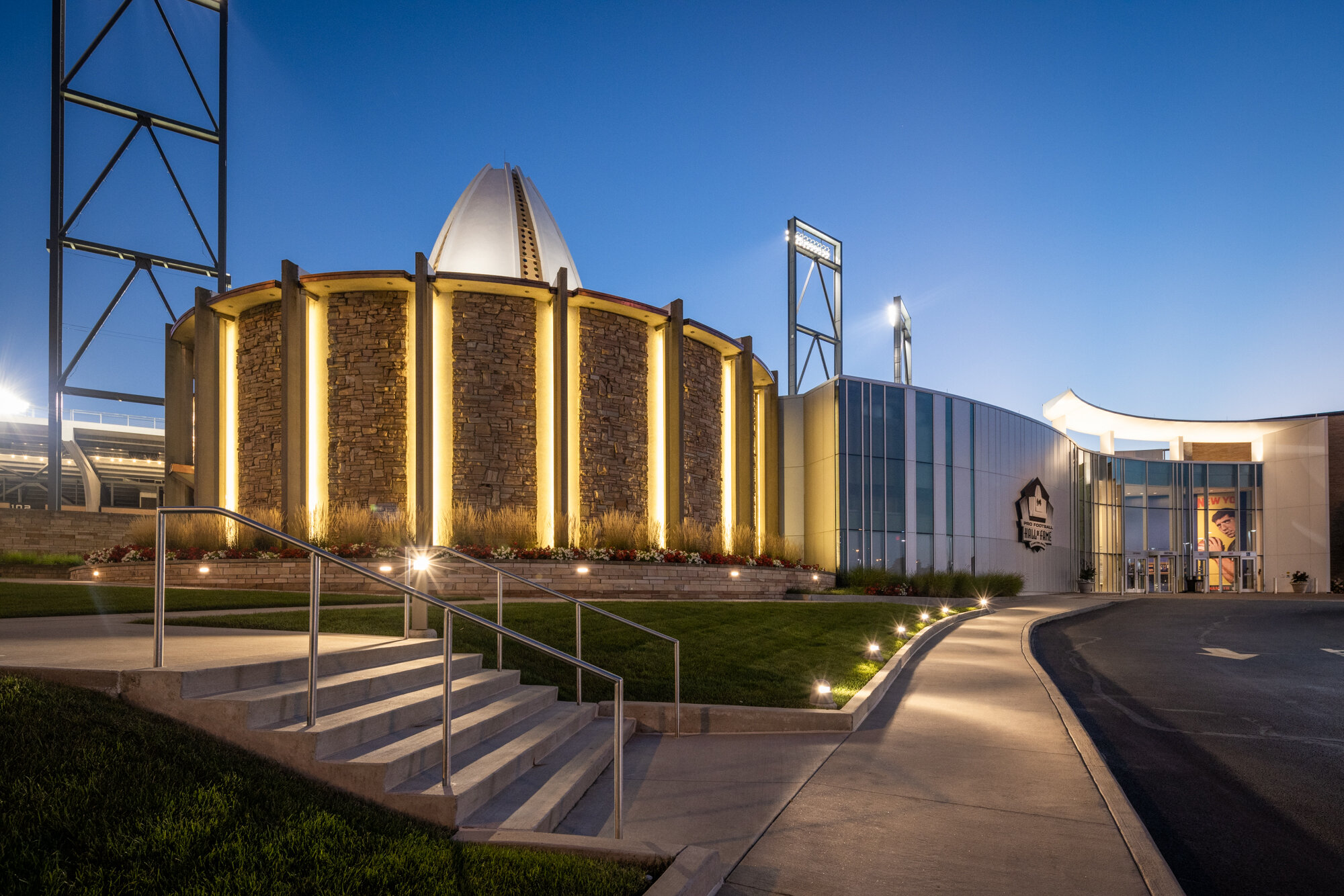 football hall of fame entrance twilight architecture photographer akron ohio 