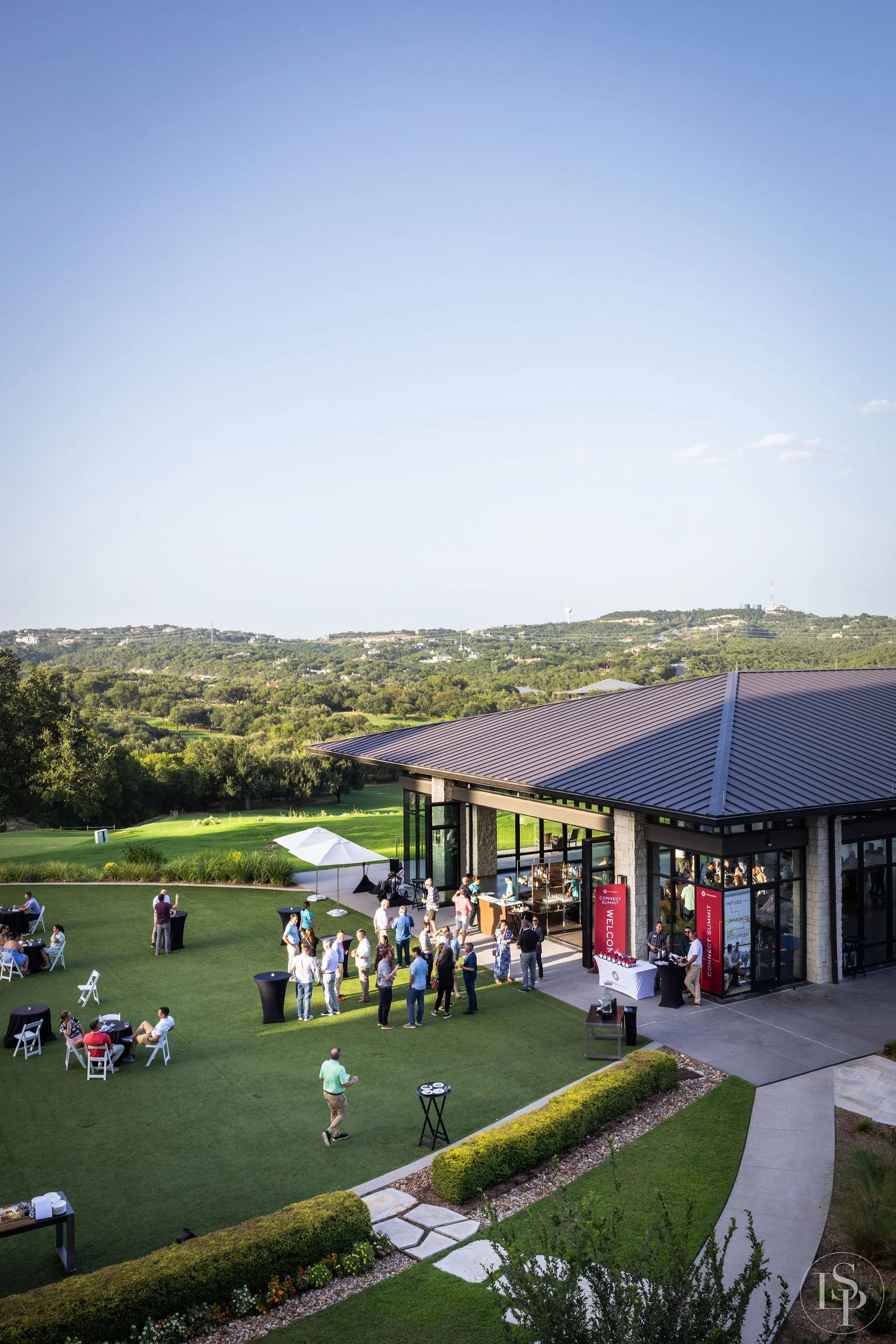 aerial drone perspective overview corporate event with views Austin, Texas