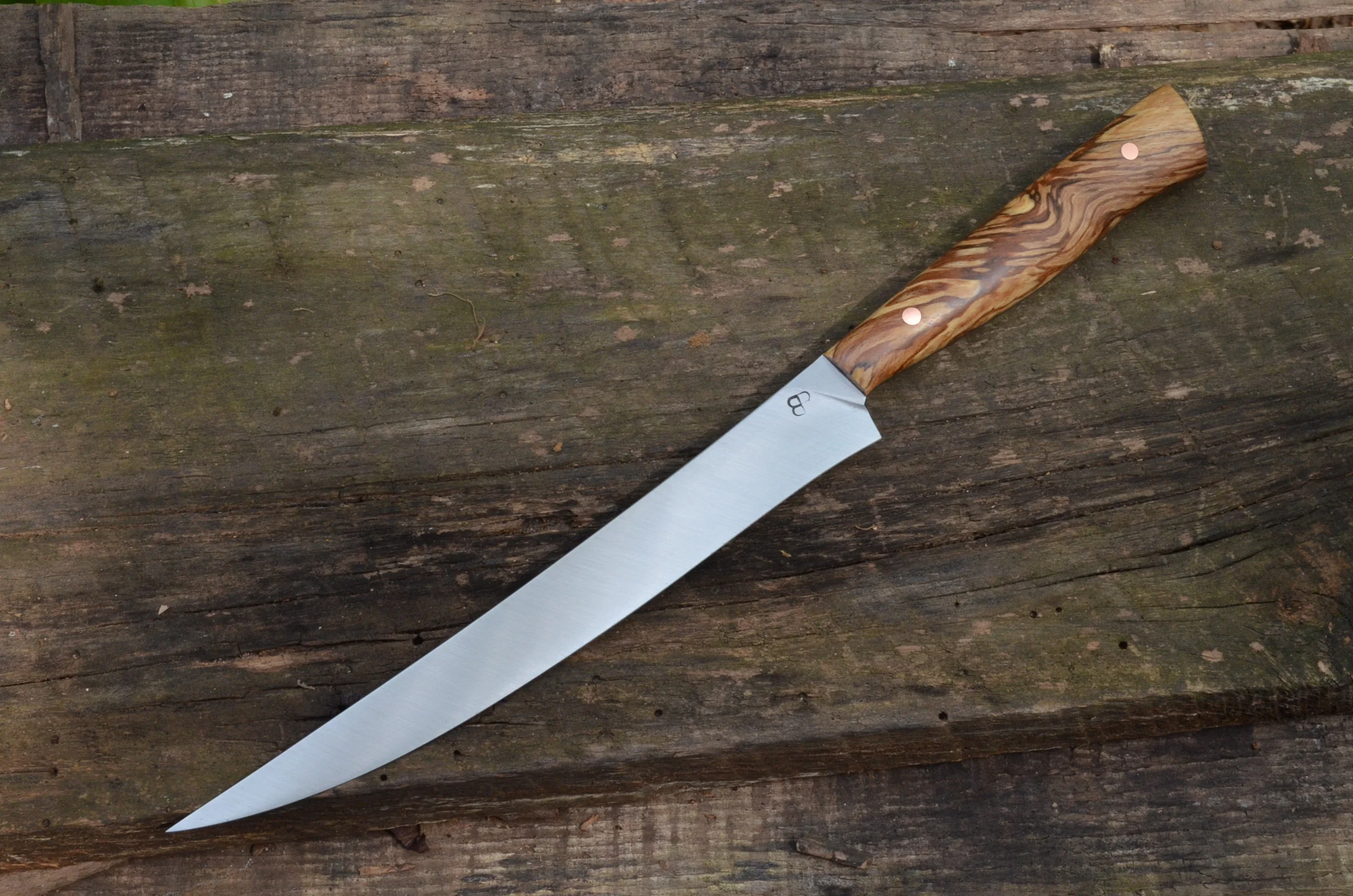 8.5" Curved Fillet with Spalted Copper Beech Full-Tang Handle and Copper Pins