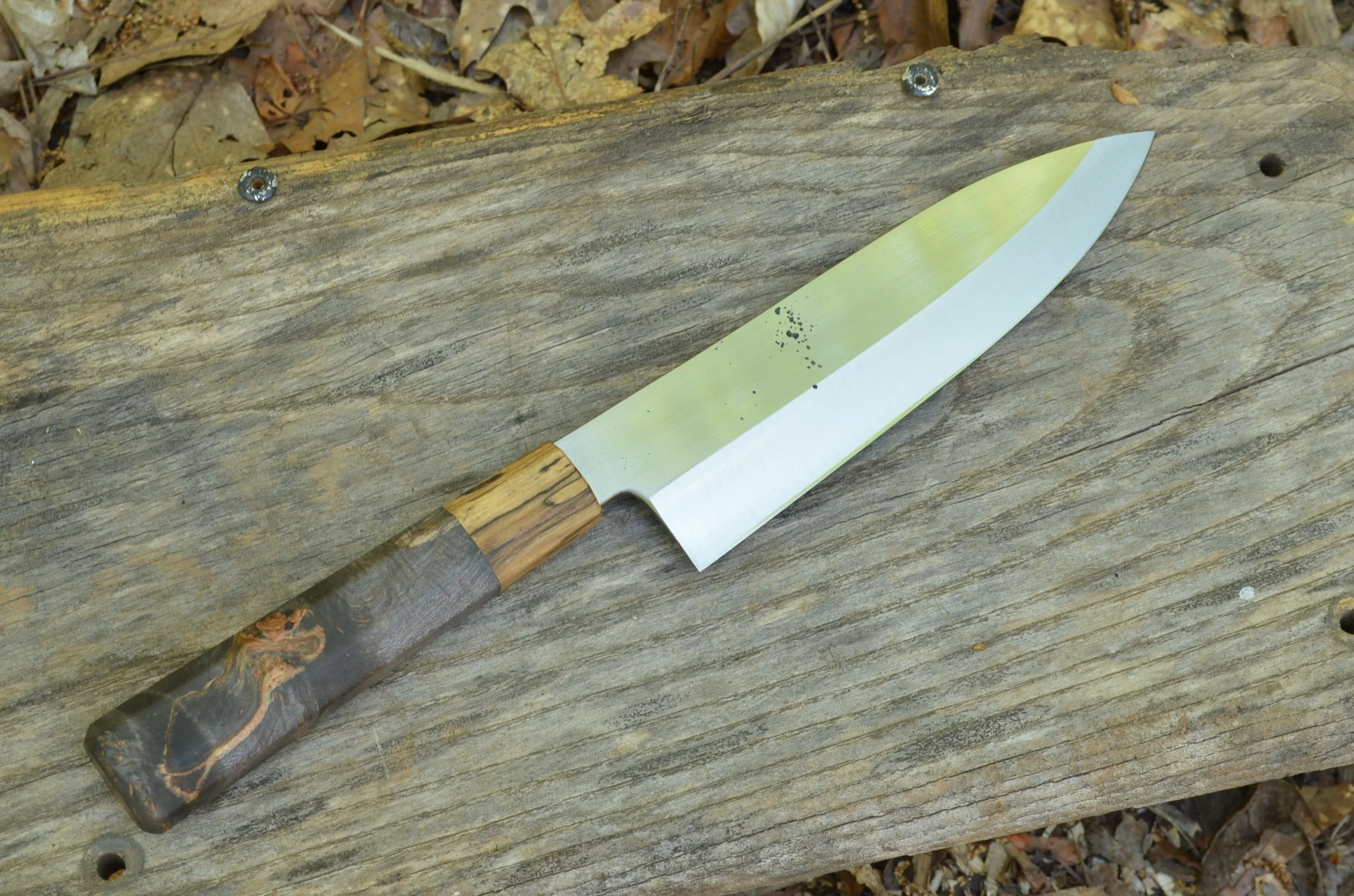 165mm Mioroshi Deba with Black Dyed Maple Burl & Spalted Pecan Octagonal Handle