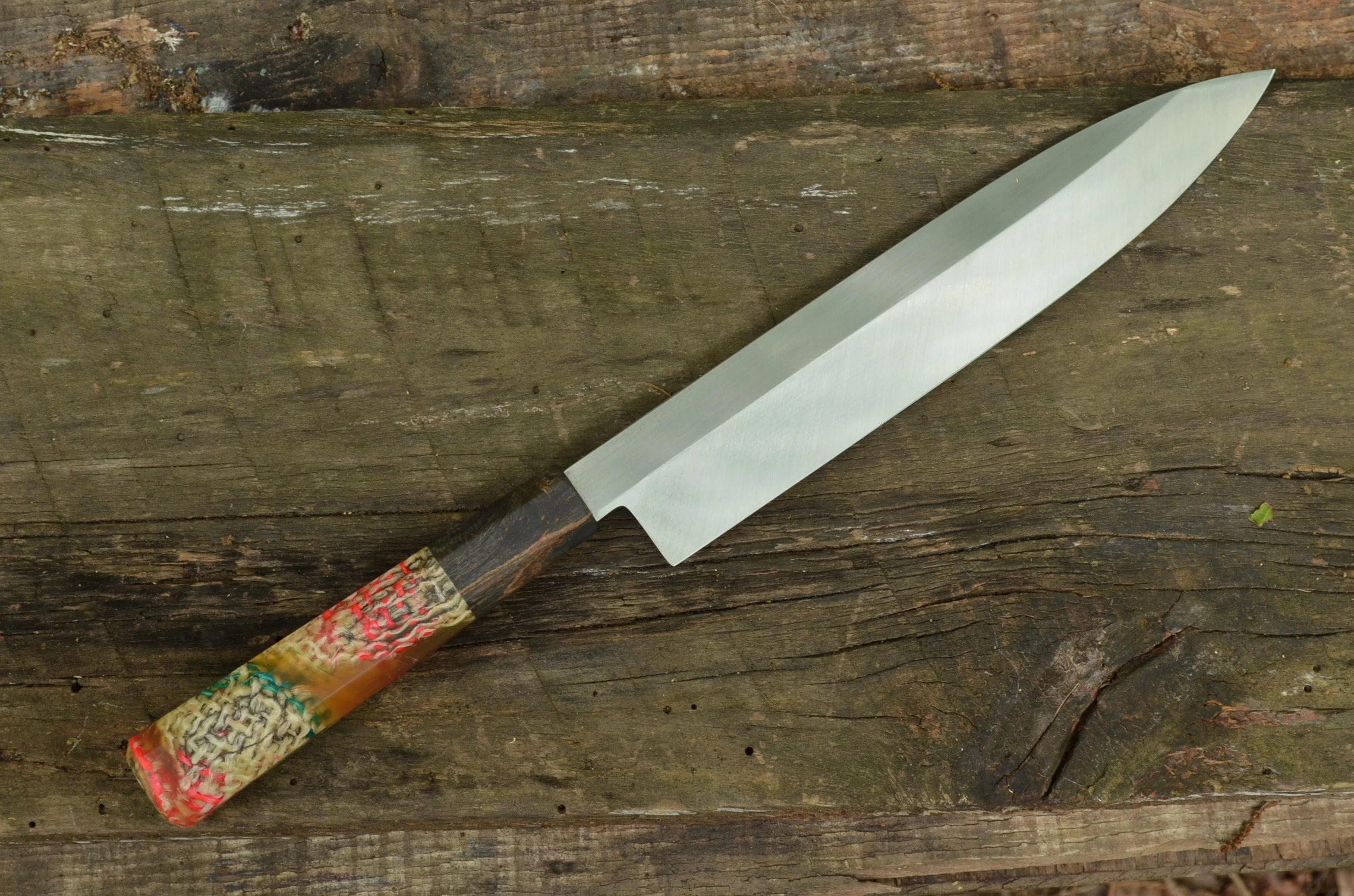 210mm Deep Yanagiba with Colombian Coffeebag & Black Dyed Maple Burl Octagonal Handle