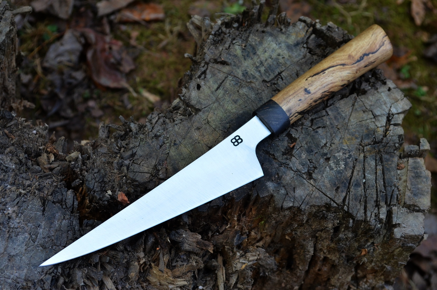 6.25" Heel Kicked Boning with Spalted Pecan & Black-Dyed Maple Burl Hidden-Tang Handle