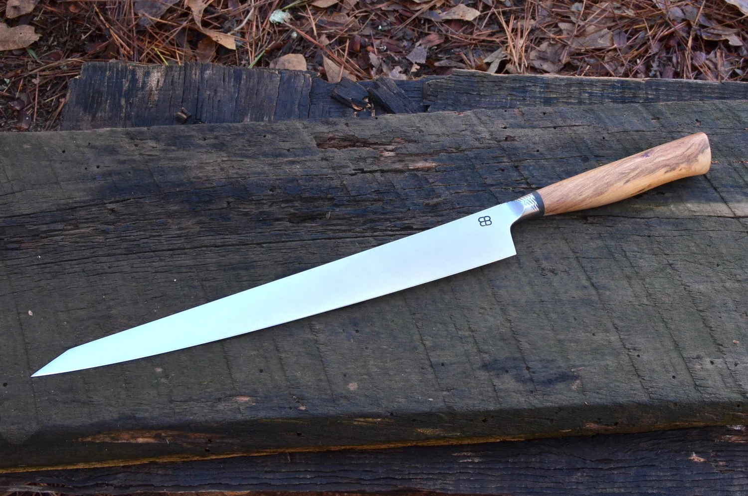 300mm K-Tip Integral Sujihiki with Choke Cherry Hidden-Tang Handle and retained Filemarks.