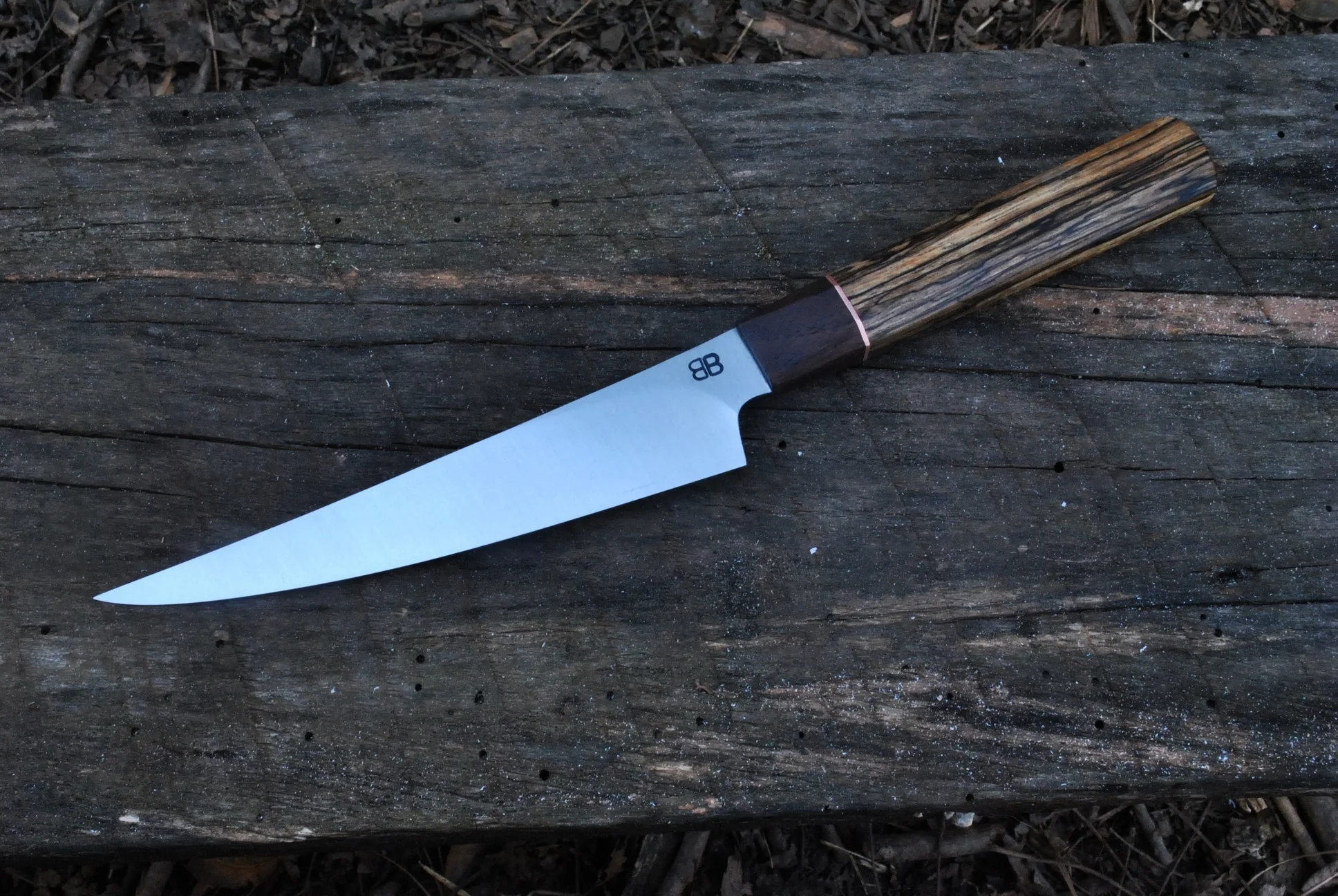 6" Octagonal Swept Boning with Spalted pecan, copper, and walnut