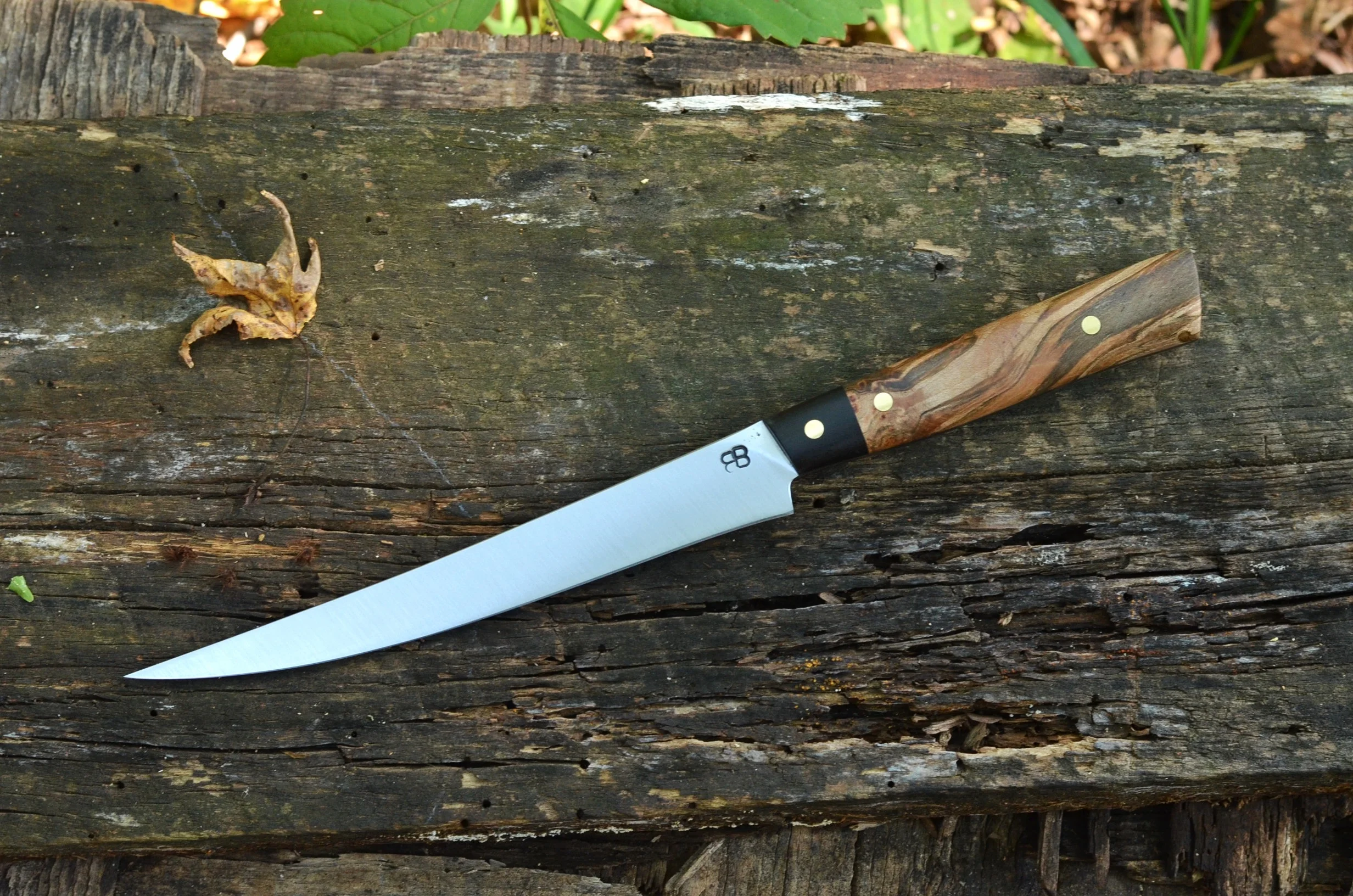 7" Curved Fillet with Spalted maple burl full-tang handle, blackwood bolsters, & brass pins