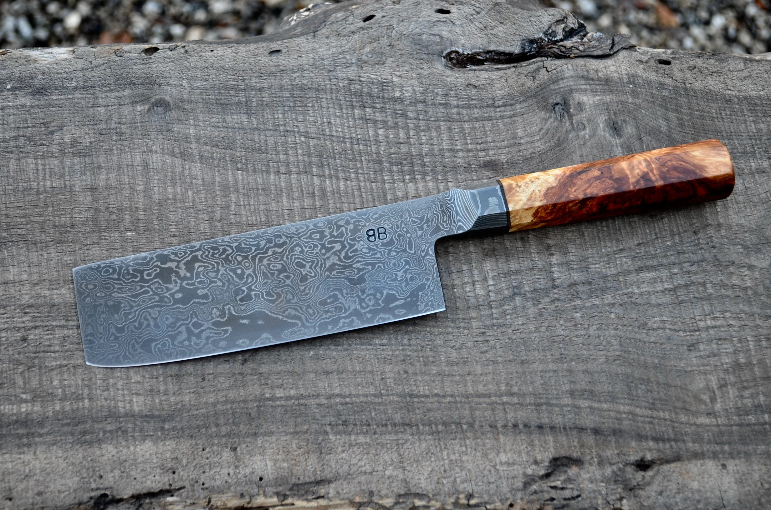 160mm Octagonal Integral Damascus Aspen Burl Nakiri
