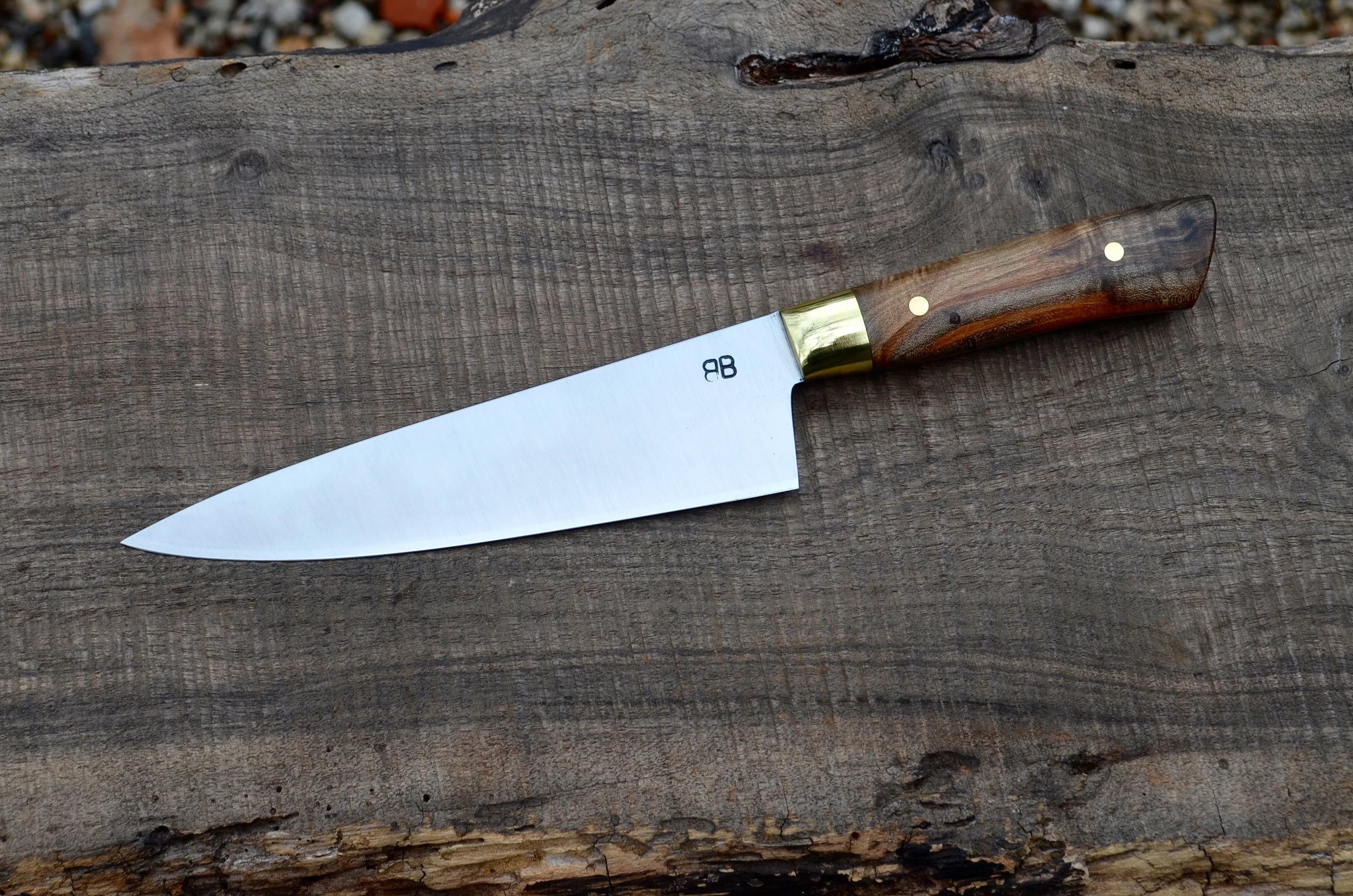 6.5" German Mini-Chef with Black-Dyed Ambrosia Maple, Brass Bolsters, and Brass Pins