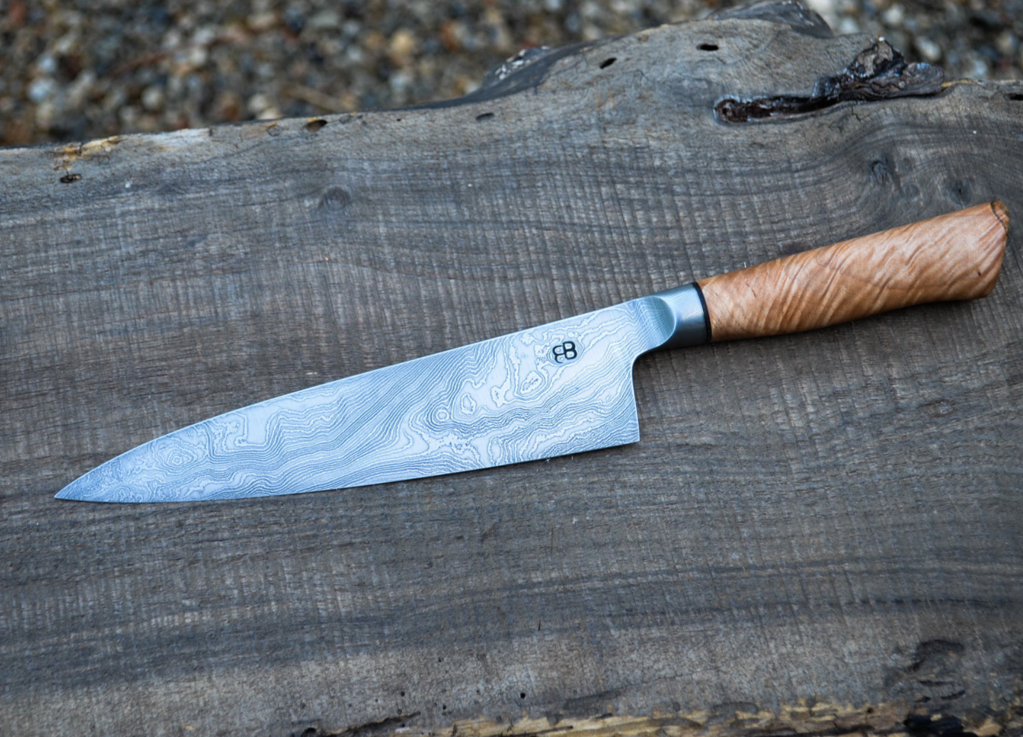 180mm Integral Flamed Maple Damascus Mini-Gyuto