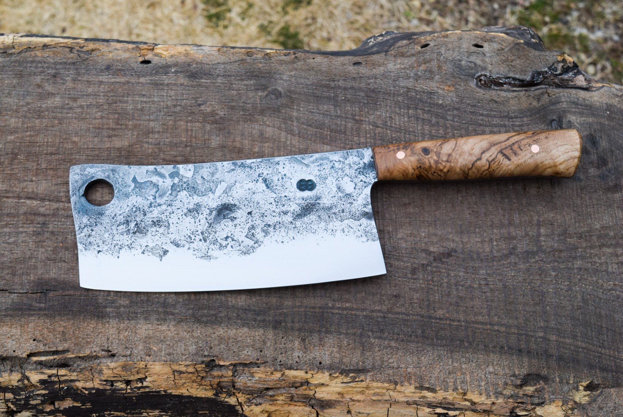  7" Full-Tang Cleaver.  Western Chestnut Burl Handle with Copper Pins. 