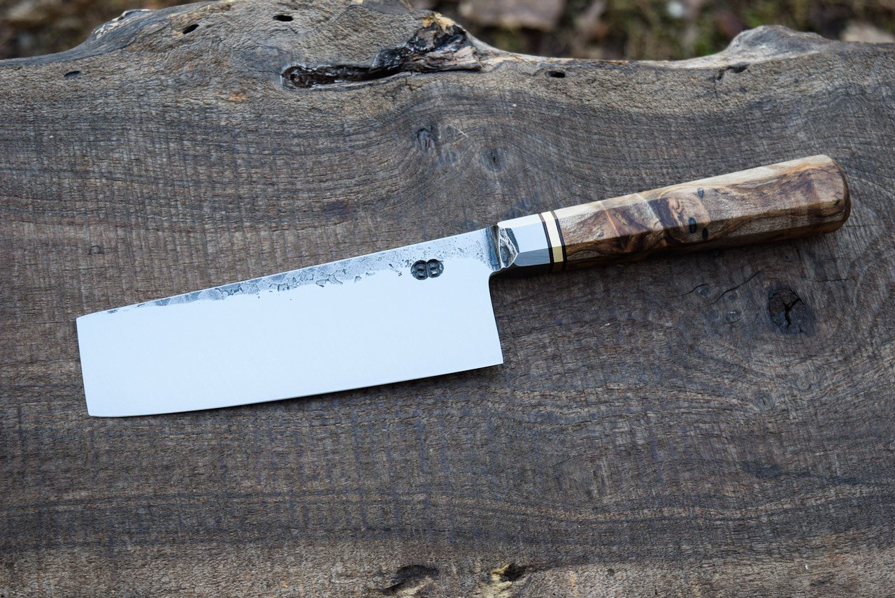  140mm Integral Nakiri with Forge Finish. Octagonal Spalted Maple Burl Handle with a Brass Spacer. 