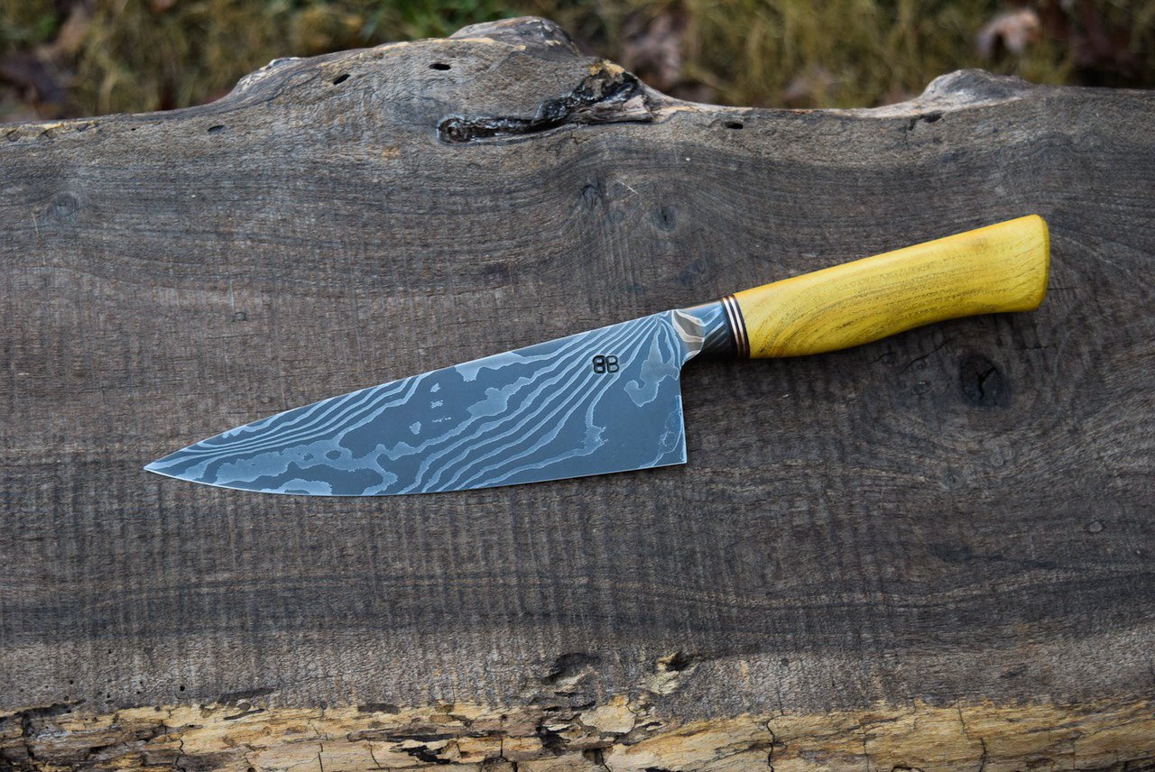  7” Integral Damascus Chef. Western Mulberry Handle with Bronze Spacers. 
