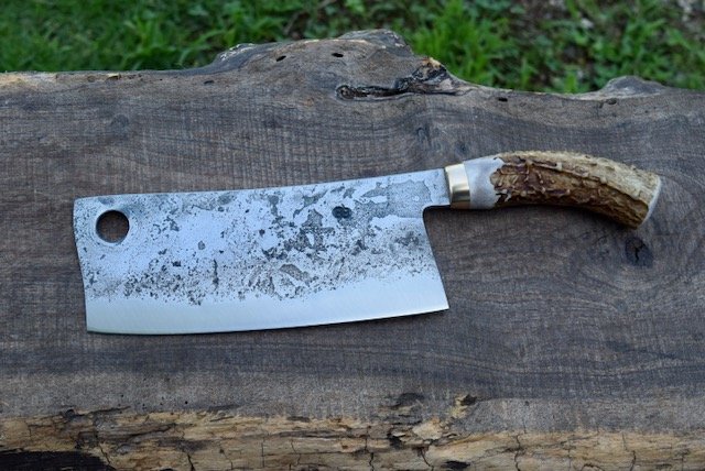  8” Hidden-Tang Cleaver. Live-Edge Antler handle with a Brass Faceplate. 
