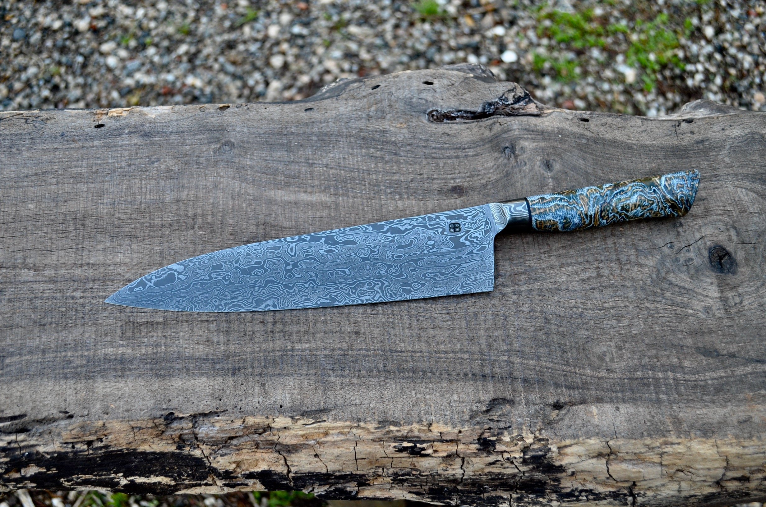  240mm Integral Damascus Gyuto. Western Coffeebag and Denim laminate. 