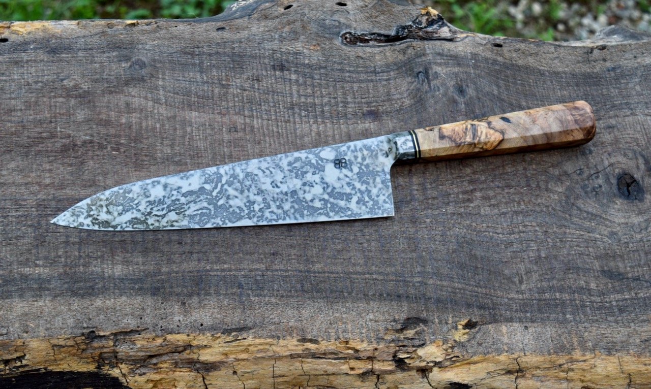  190mm Integral Tapered Gyuto with mustard patina. Octagonal Spalted Maple Burl handle with a bronze spacer. 