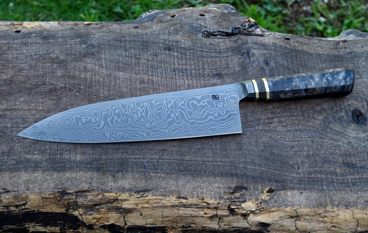  250mm Integral Damascus Deep Gyuto. Westernized Octagonal Dyed Maple handle with brass and coffeebag spacers. 