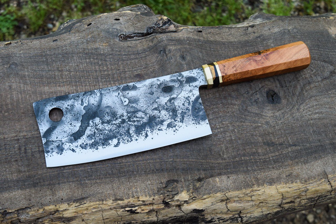 7.5” Hidden-Tang Cleaver. Octagonal Cherry Burl Handle with a Brass Faceplate and Blackwood and Brass Spacers. 