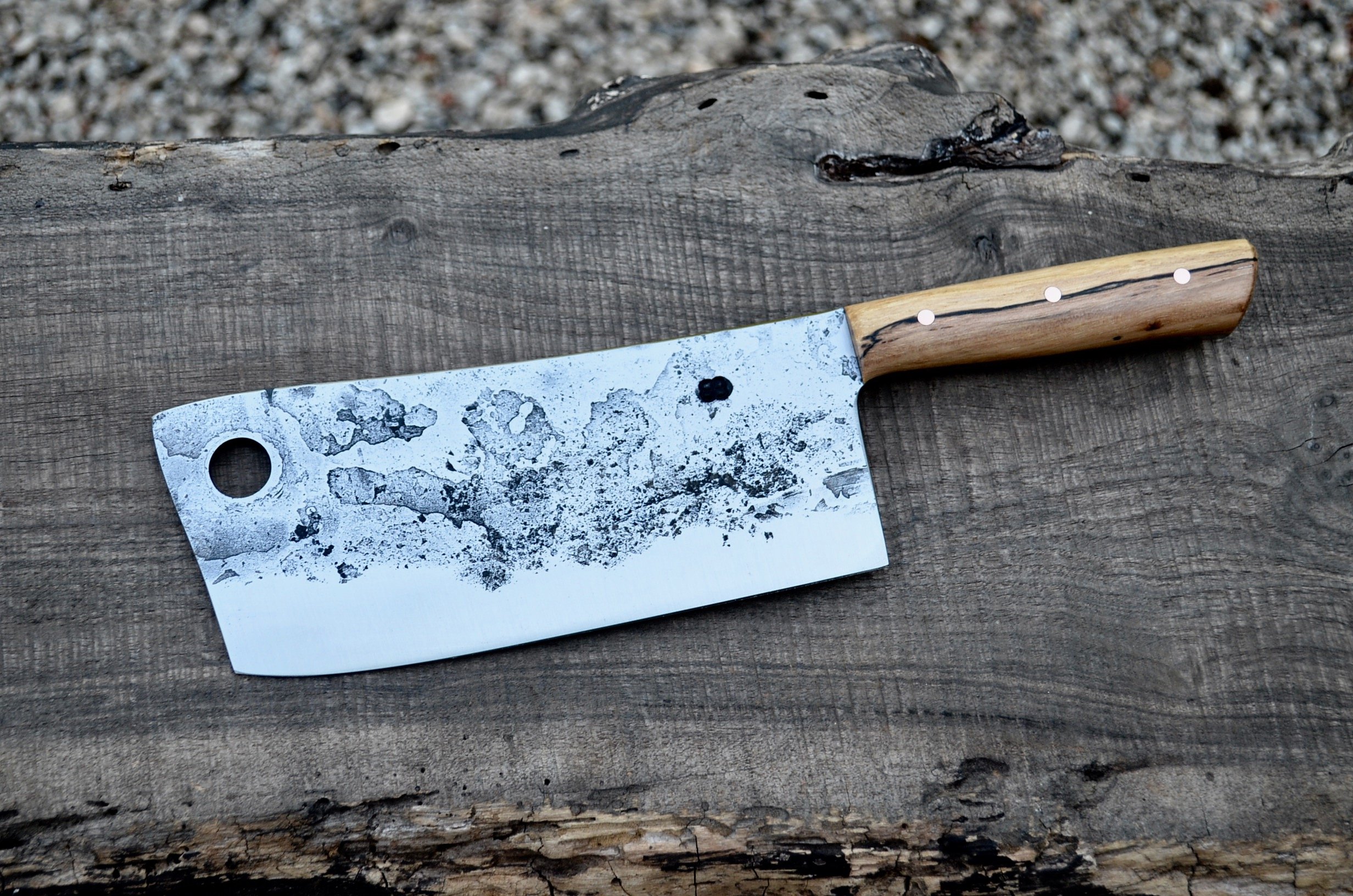  7.25” Full-Tang Cleaver. Western Spalted Pecan Handle with Brass Pins. 