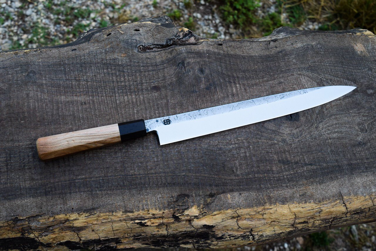  255mm Hidden-Tang Yanagiba. Octagonal Maple Handle with a Blackwood Ferrule. 