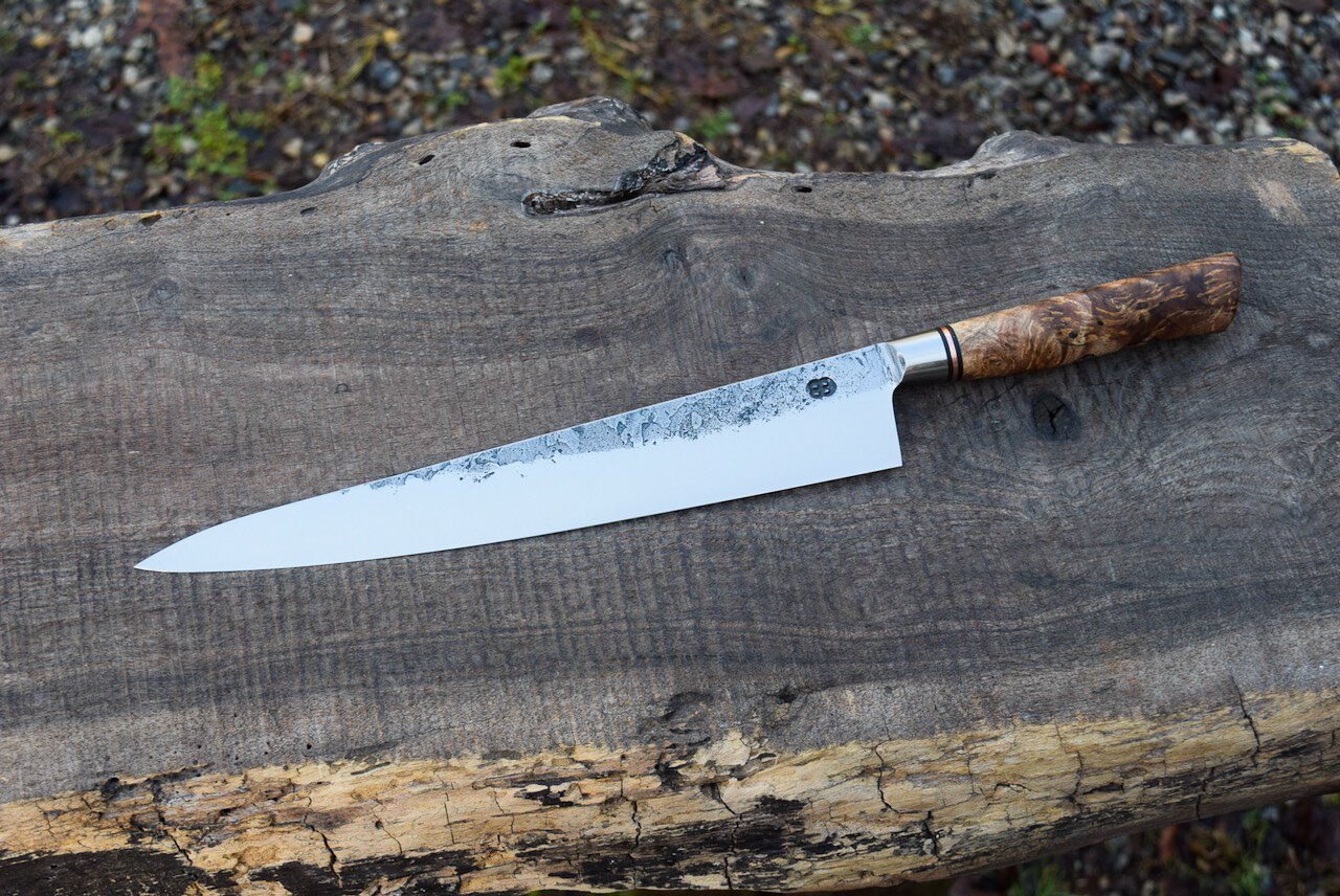  240mm Integral Sujihiki with Forge Finish. Western Maple Burl Handle with a Copper Spacer.  