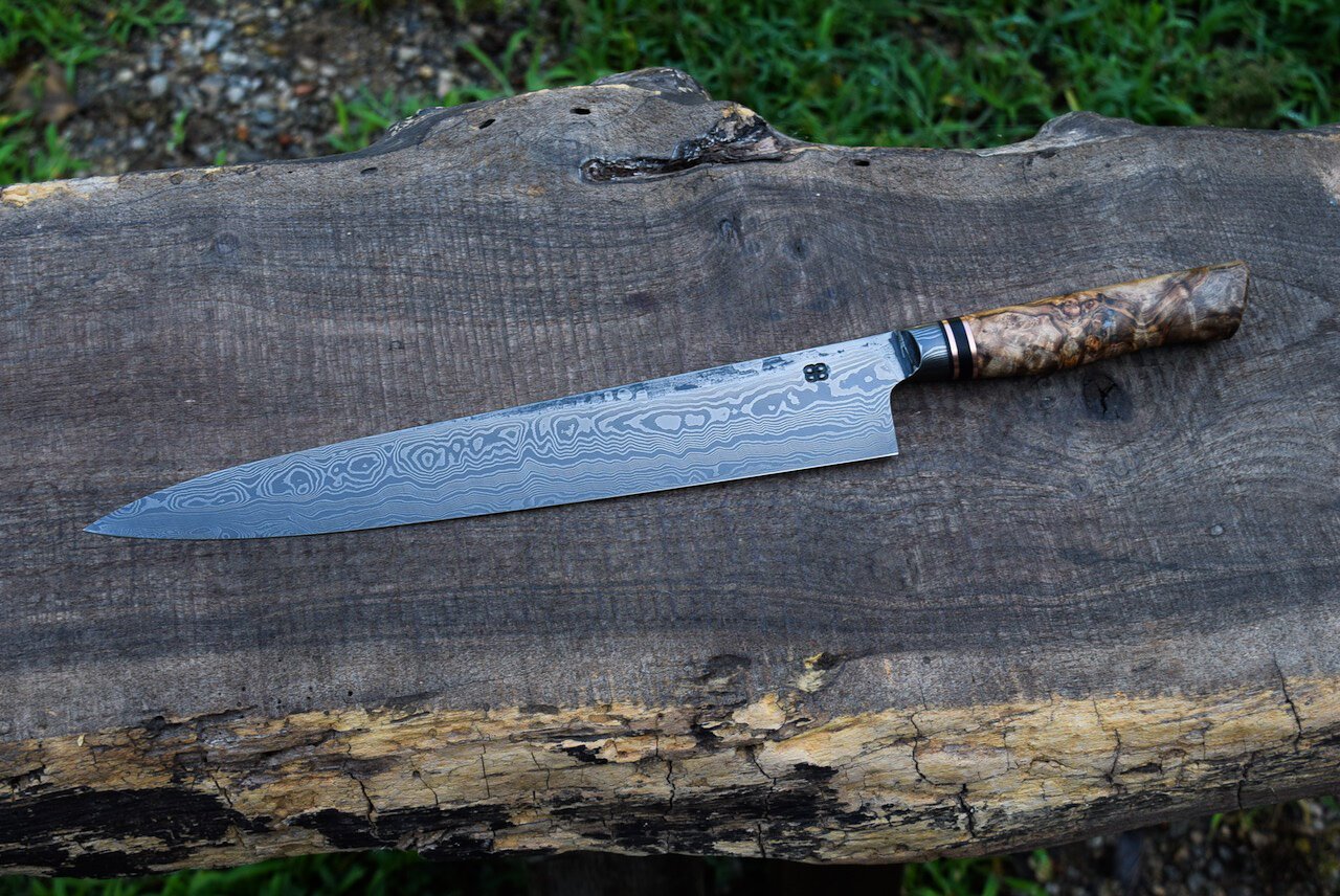  240mm Integral Damascus Sujihiki with Forge Finish. Western Spalted Maple Burl Handle with Copper and Blackwood Spacers.  