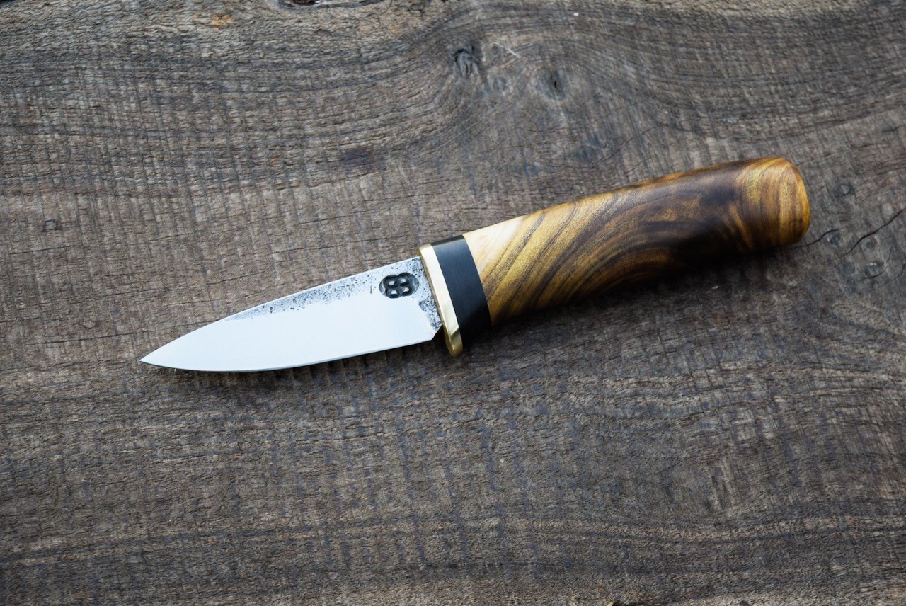  3.5” Belt Knife with Forge Finish. Brass Guard with Blackwood Spacer and Redbud Burl Handle.  