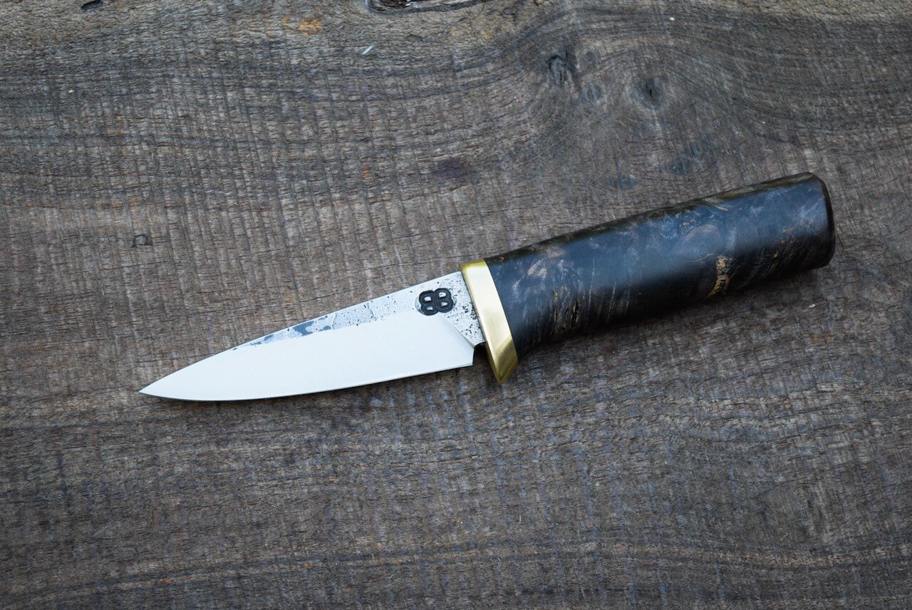  4” Belt Knife with Forge Finish. Brass Guard and Black-Dyed Maple Burl Handle.  