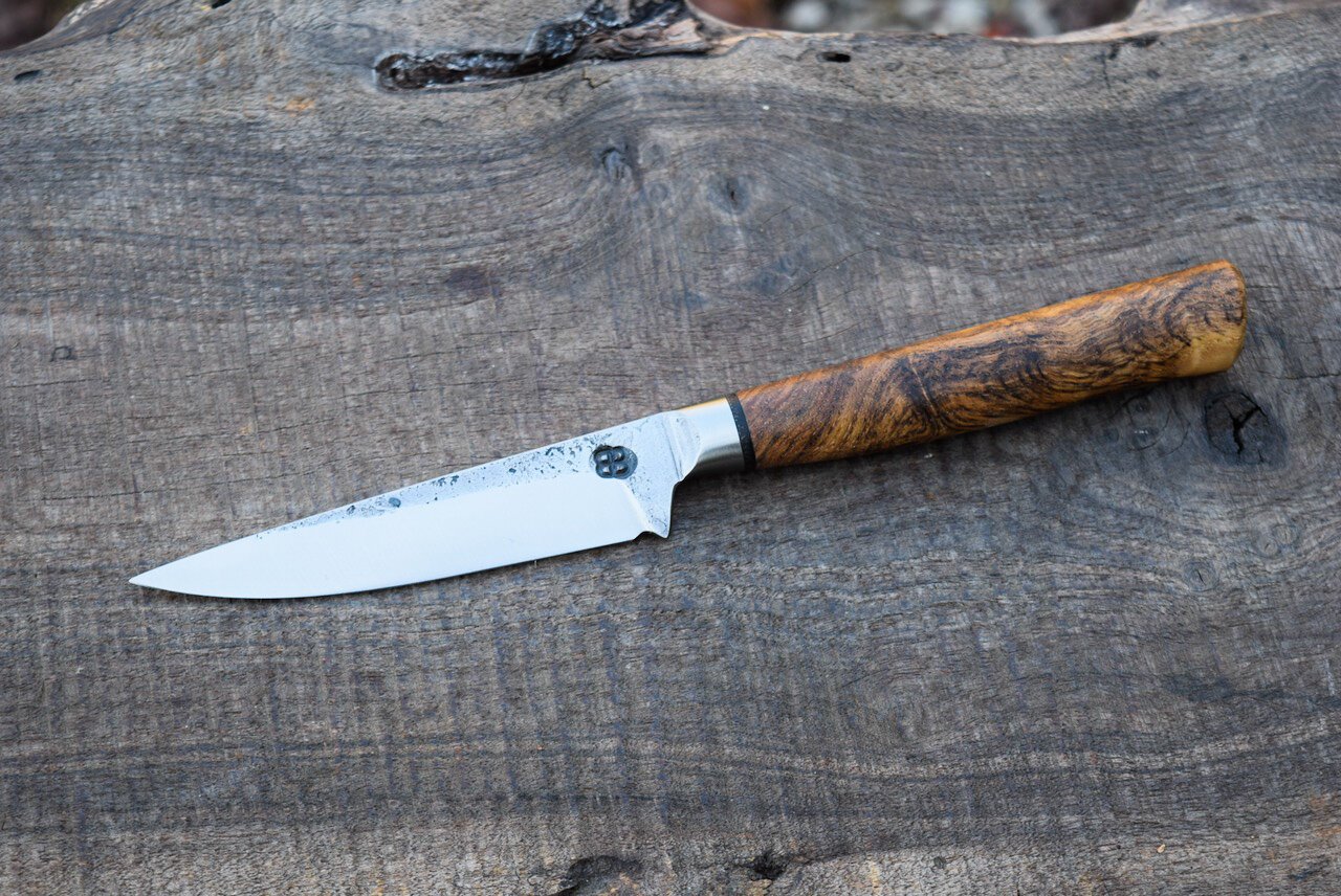  4.25” Integral Bird &amp; Trout with Forge Finish. Chestnut Burl Handle.  