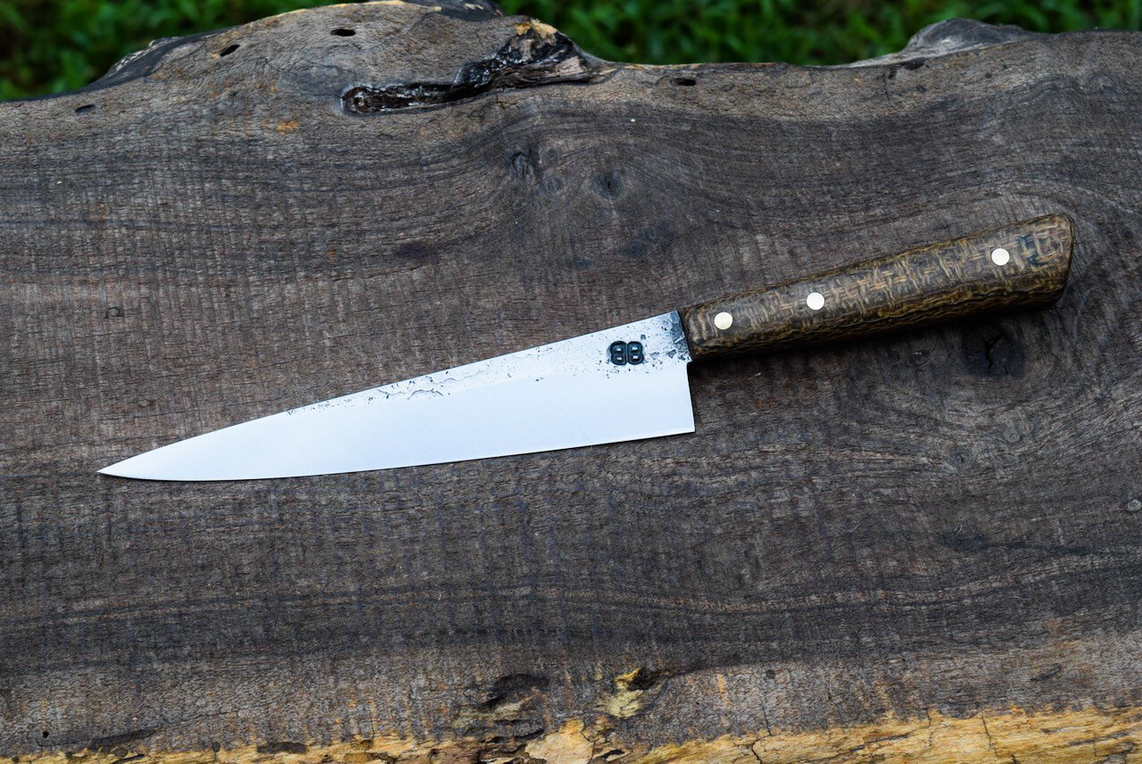  5.75” Full-Tang Petty with Forge Finish. Coffeebag Laminate Western Handle with Brass Pins 