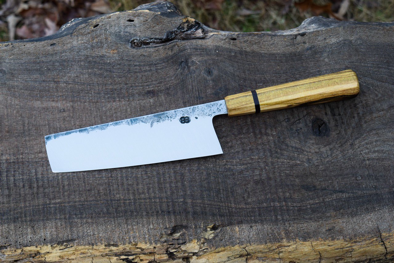  160mm Hidden-Tang Nakiri with Forge Finish. Redbud Octagonal Handle with Blackwood Spacer. 