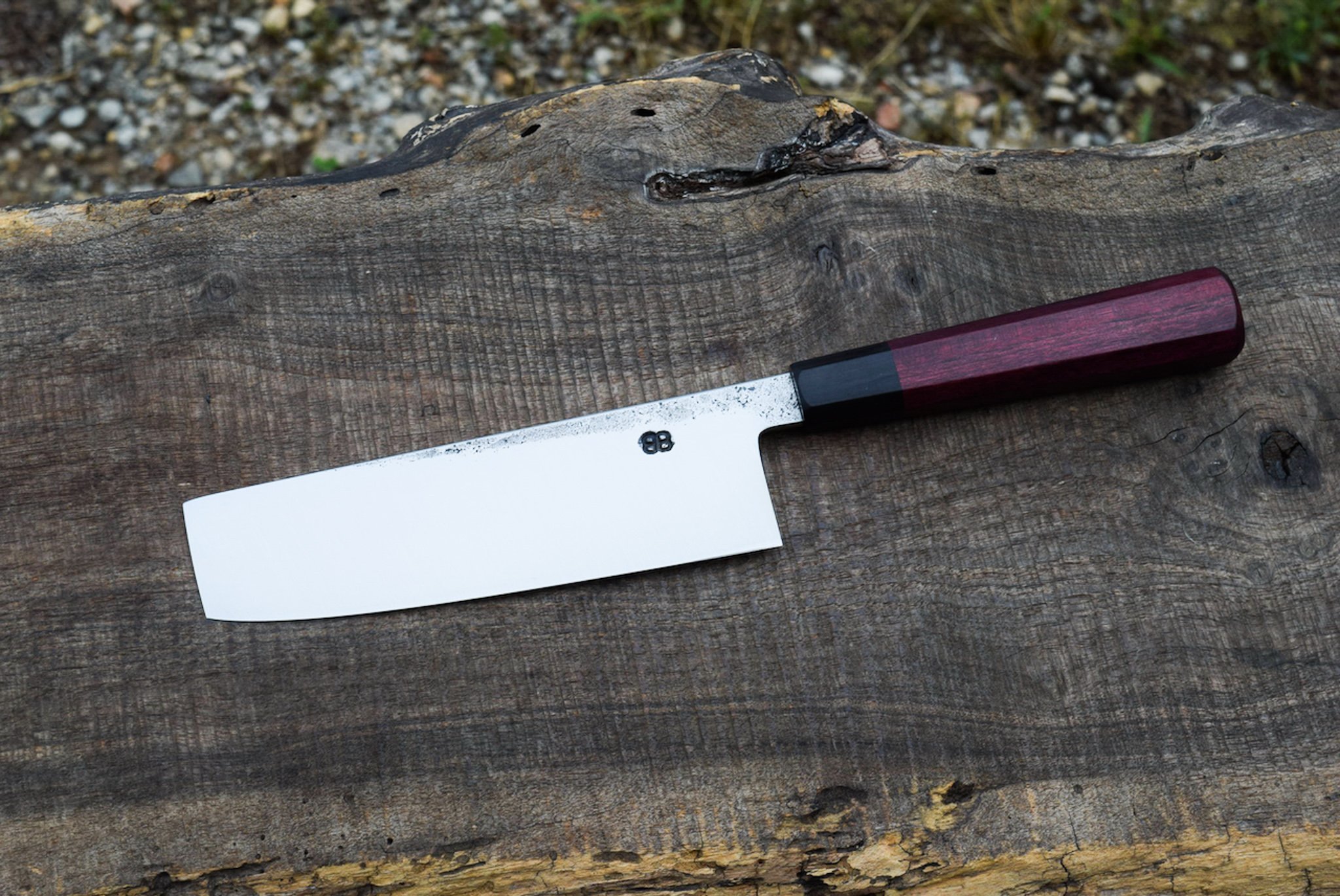  165mm Hidden-Tang Nakiri with Forge Finish. Octagonal Purple Heart Handle with Blackwood Ferrule. 