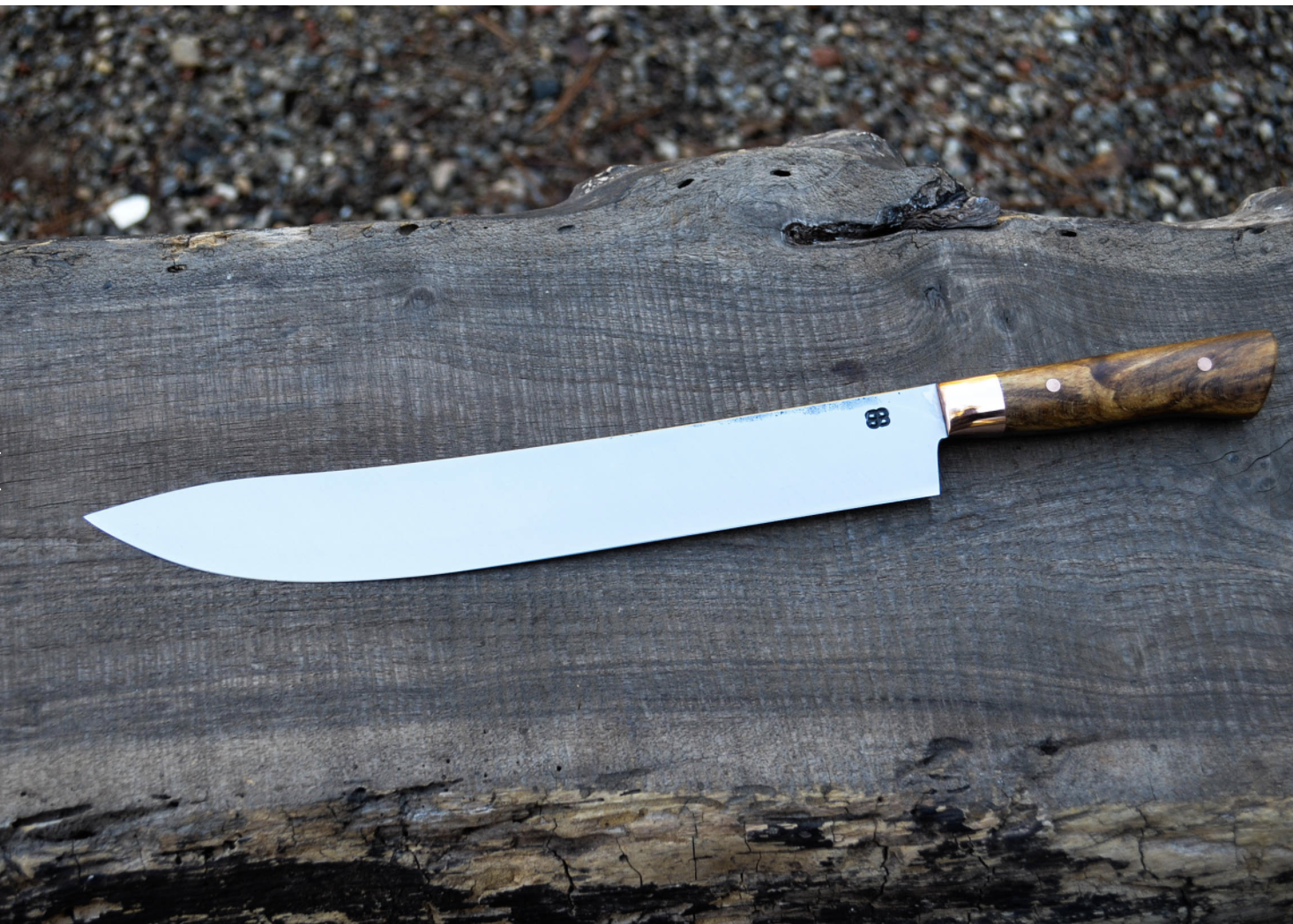  11.25” Full-Tang Cimeter. Copper Beech Handle with Copper Bolsters and Pins.  