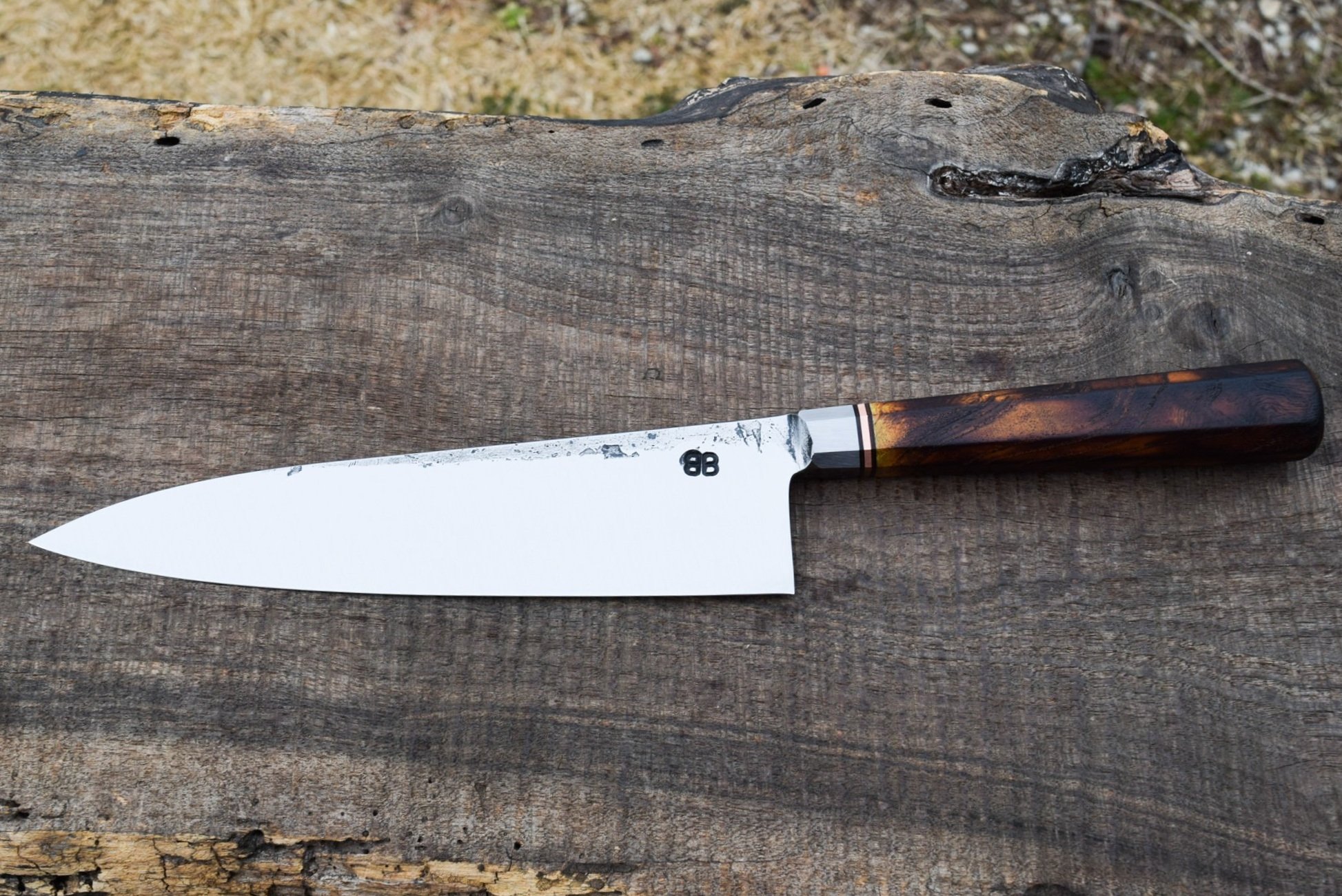  210mm Integral Gyuto with Forge Finish. Octagonal Scorched Mulberry handle with Copper Spacer.  