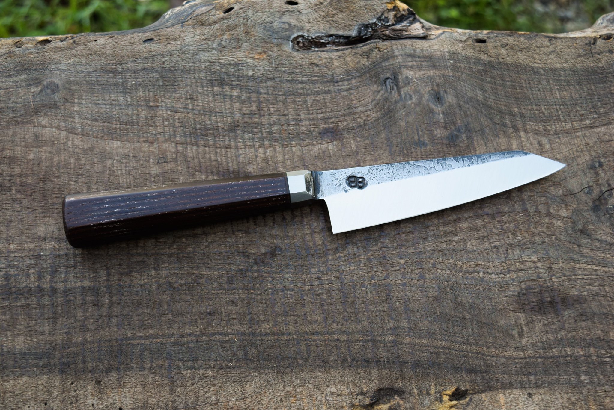  130mm Integral Honesuki with Forge Finish. Octagonal Mystery Wood Handle. 