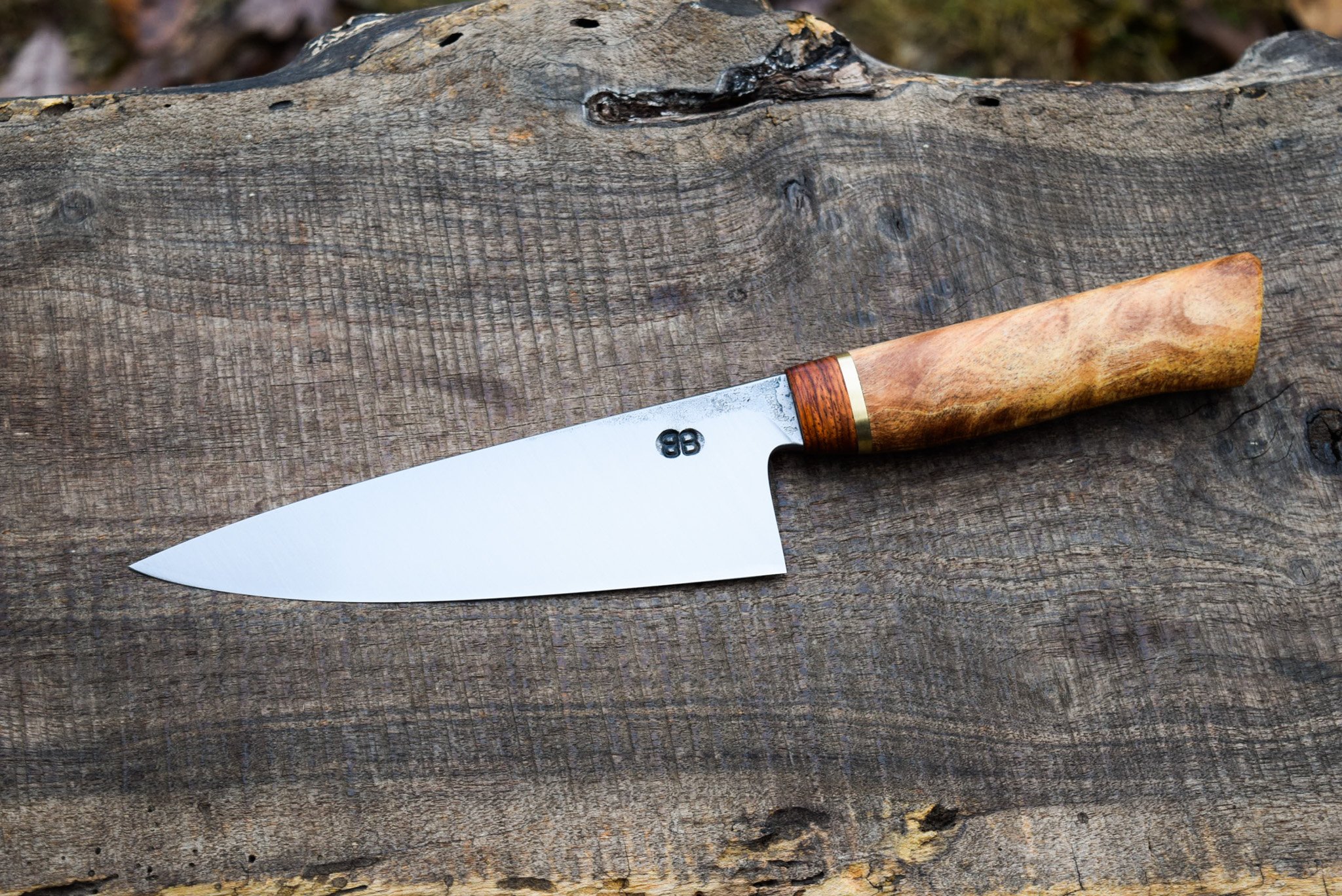  6” Hidden-Tang Chef with Forge Finish. Western Spalted Copper Beech Handle with Bubinga Faceplate and Brass Spacer. 