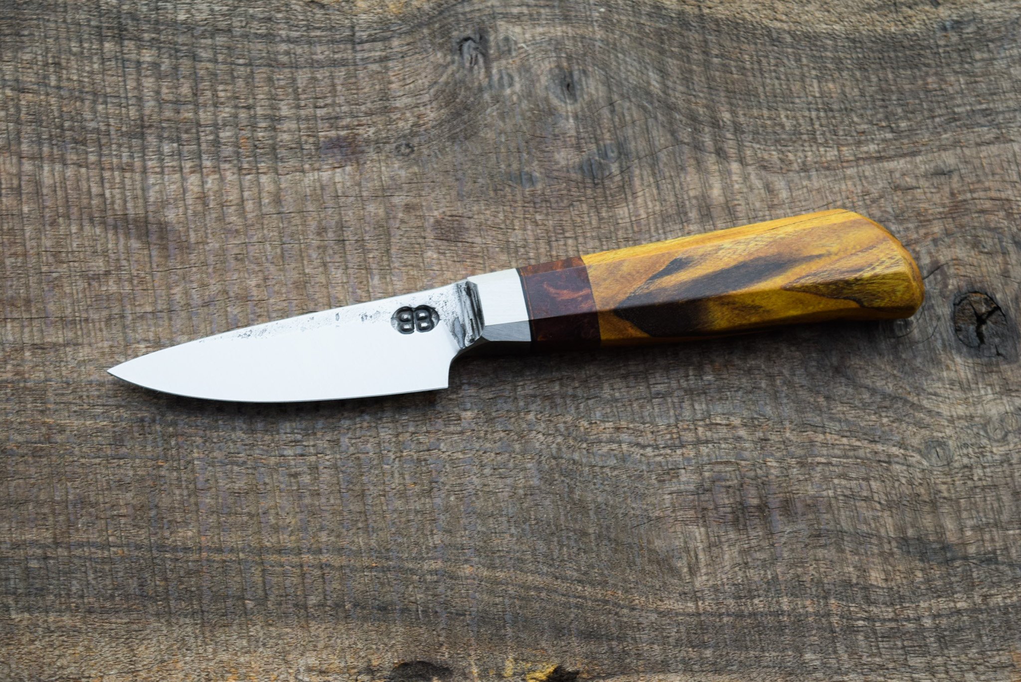 3.25" Belt Knife. Octagonal Integral Redbud Softtail handle with Redwood and Leather Spacers. 