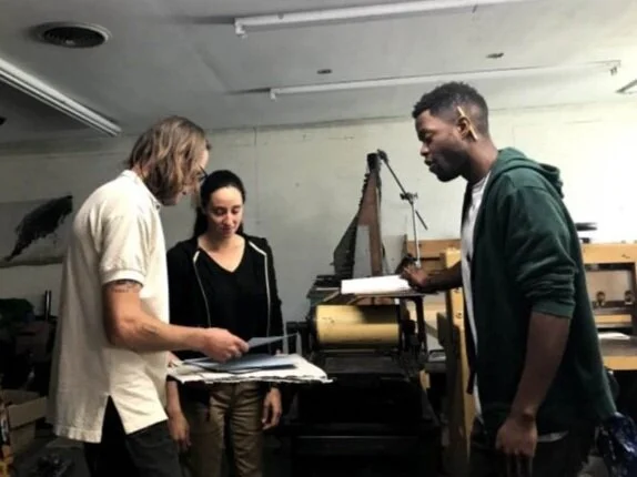 Nate Lewis, Talia and Sam Adegoke on set in Ithaca