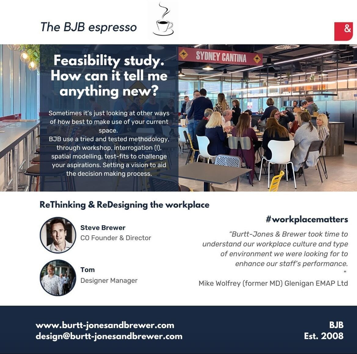 Welcome to the BJB espresso!

BJB started over a coffee back in 2008. The BJB espresso are single and double size thoughts, guidance and information on all things workplace.

#REthinkingtheWorkplace&nbsp;#WorkplaceMatters&nbsp;#RedesigningtheWorkplac