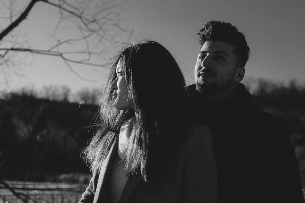 black and white winter engagement photos