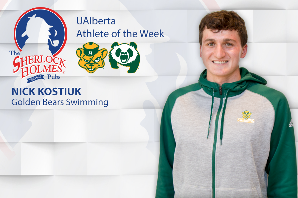 Fourth-year University of Alberta Golden Bears swimmer Nick Kostiuk is the Sherlock Holmes Athlete of the Week for the week of November 28, 2016 The Faculty of Science student-athlete broke one Canada West record, and hauled in a total of six medals at the 2016-17 Canada West swimming championships, which were hosted at the Kinsmen Sports Centre pool in Edmonton, including three gold medals in individual races. He finished atop the podium in the 50m, 100m and 200m breaststroke races, and his time of 2:09.97 in the 200m final on Sunday bested a record that was set in 2009. He also helped Alberta’s 4 x 100m medley relay team to a gold finish, bringing his personal medal haul to four, all gold. He also swam on the Bears’ bronze medal 4 x 100m freestyle relay team and the 800m freestyle relay team that also captured bronze. Nick was named a first team Canada West all-star for his efforts, and he and the Golden Bears, as well as Pandas, will next advance to the Canadian university national swimming championships, which run February 24-26, 2017 in Quebec at the University of Sherbrooke.