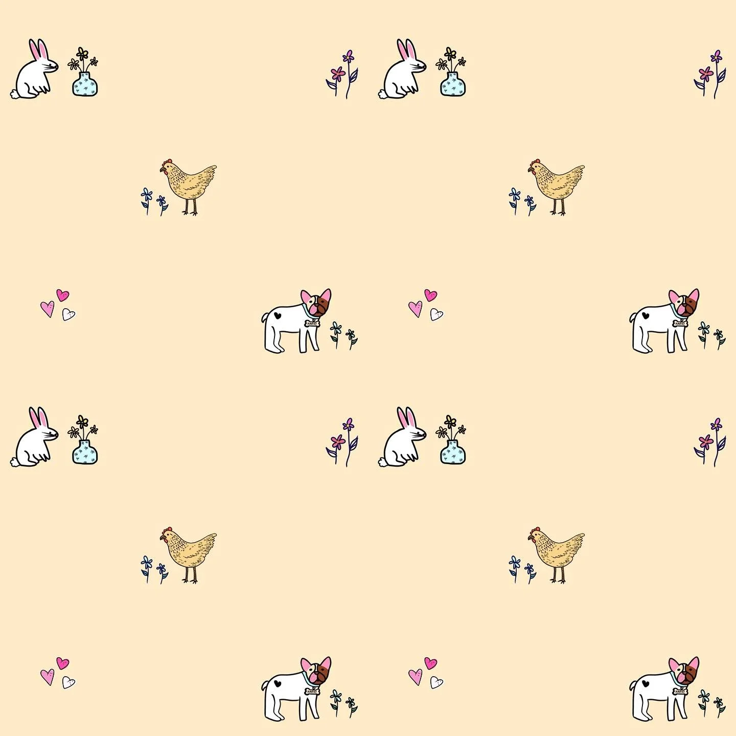 pattern making intrigues me. Love to take a class on this 🩷 

.
.
.

#chicken #frenchie #flowers #patternmaking #fabricdesign