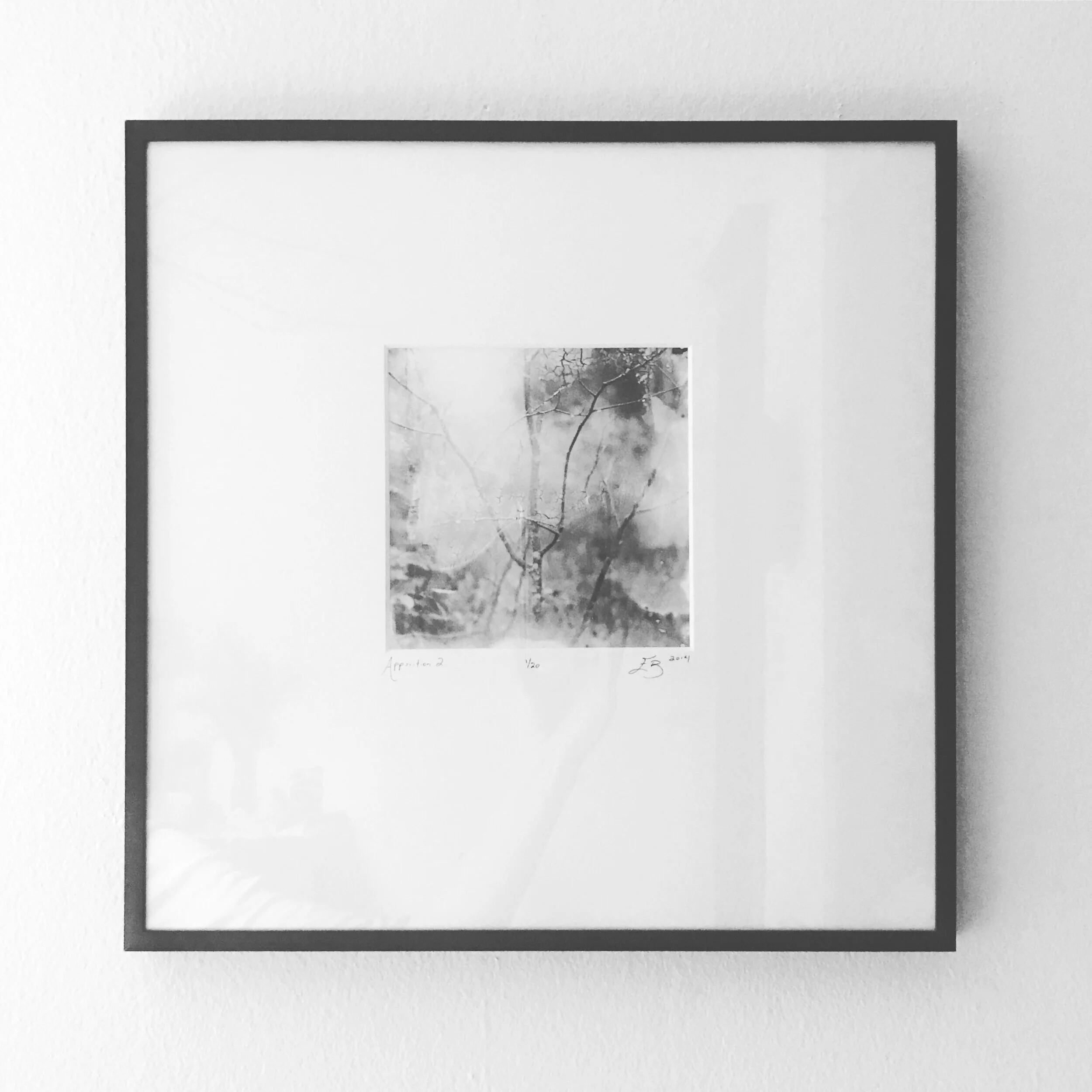 Frame Sample (Above) Apparition 2 (4” x 4” print, in a 13” x 13” mat and black metal frame)