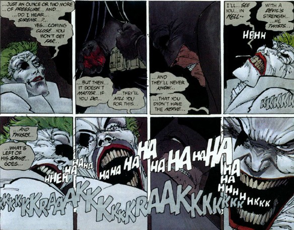 ** Yes, literally. For what it's worth, this scene is a perfect example of Miller trying to have it both ways. The Joker is certain that Batman will face consequences for "killing" him as opposed to stopping just short so. It didn't ring true then and doesn't now.